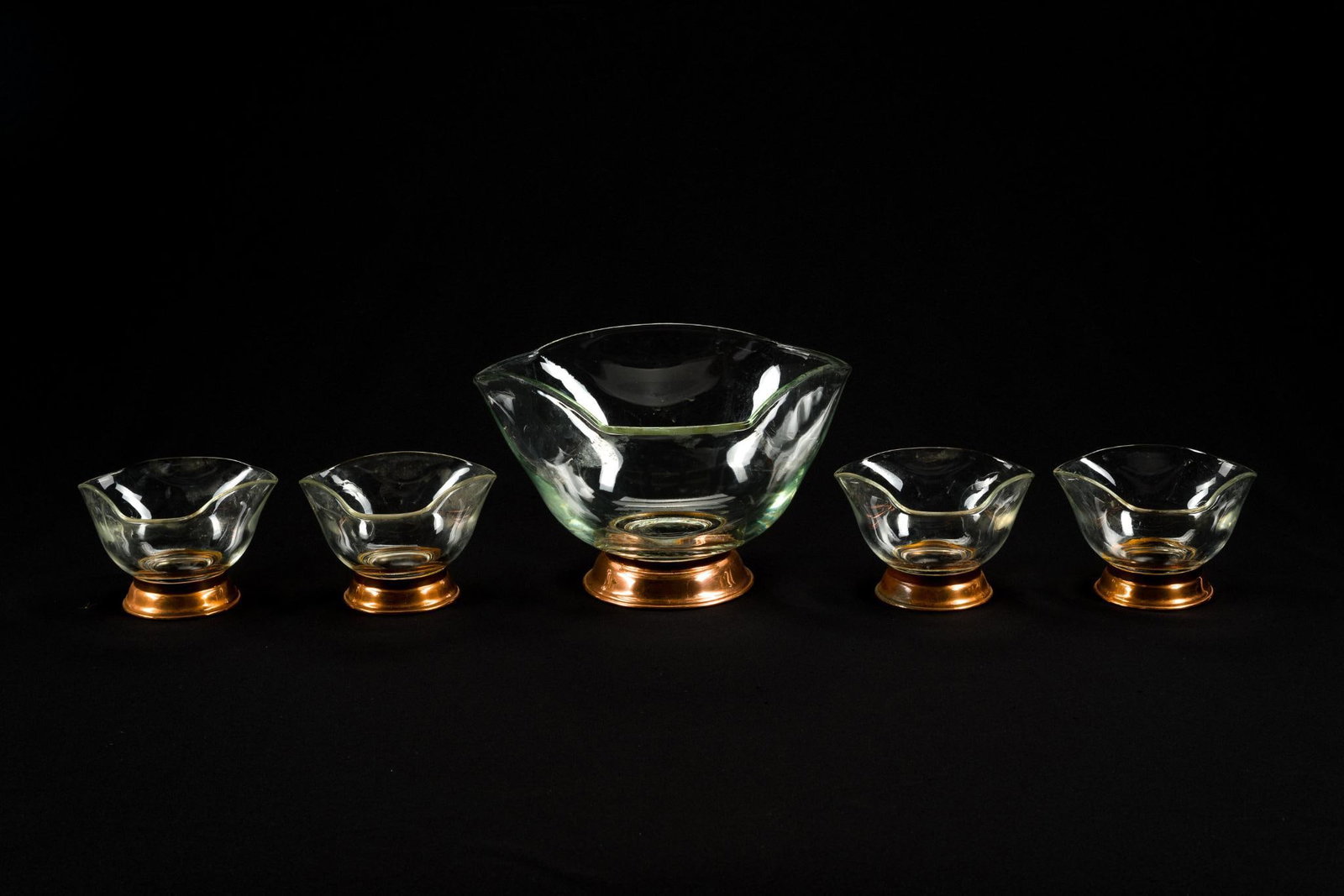 Brass Base Princess House Salad Bowl Set: Includes 6 salad bowls and 1 serving bowl. Serving bowl measures 9 - 1/4" in width by 6 - 1/2" in height. Smallest bowl measures 5" by 3 - 1/2".