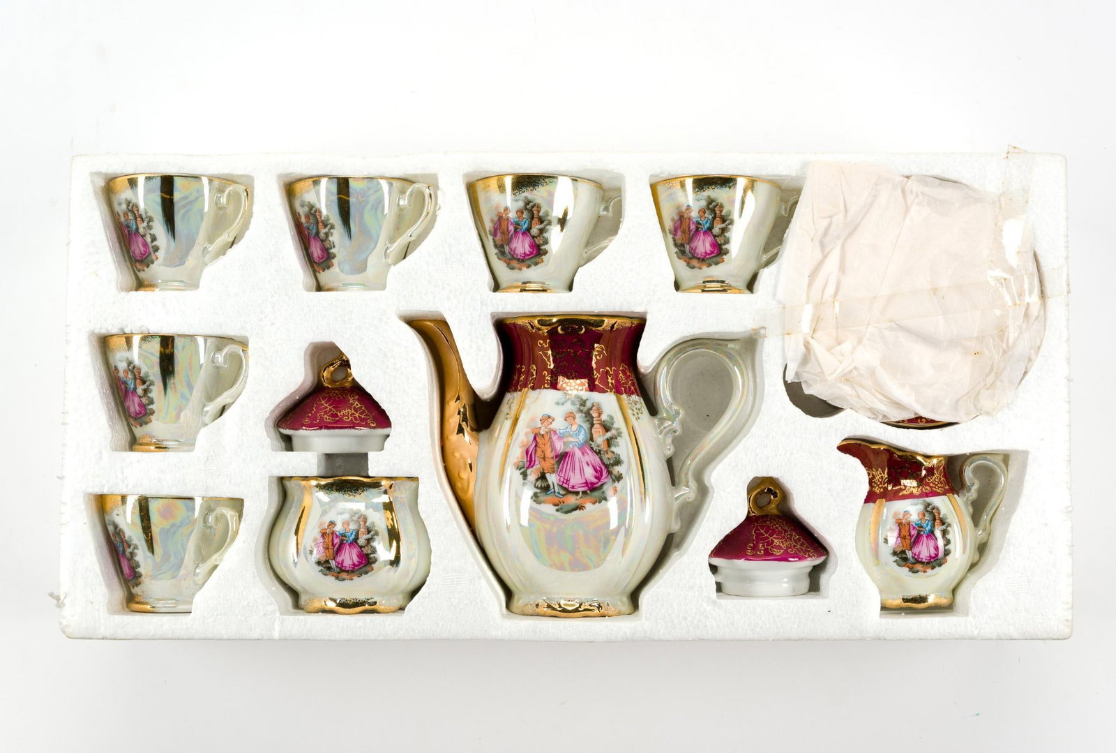 Vintage 17 Piece Japanese Luster Gold Rim Tea Set: Styrofoam box measures 18 - 1/4" by 9" by 4 - 1/4".