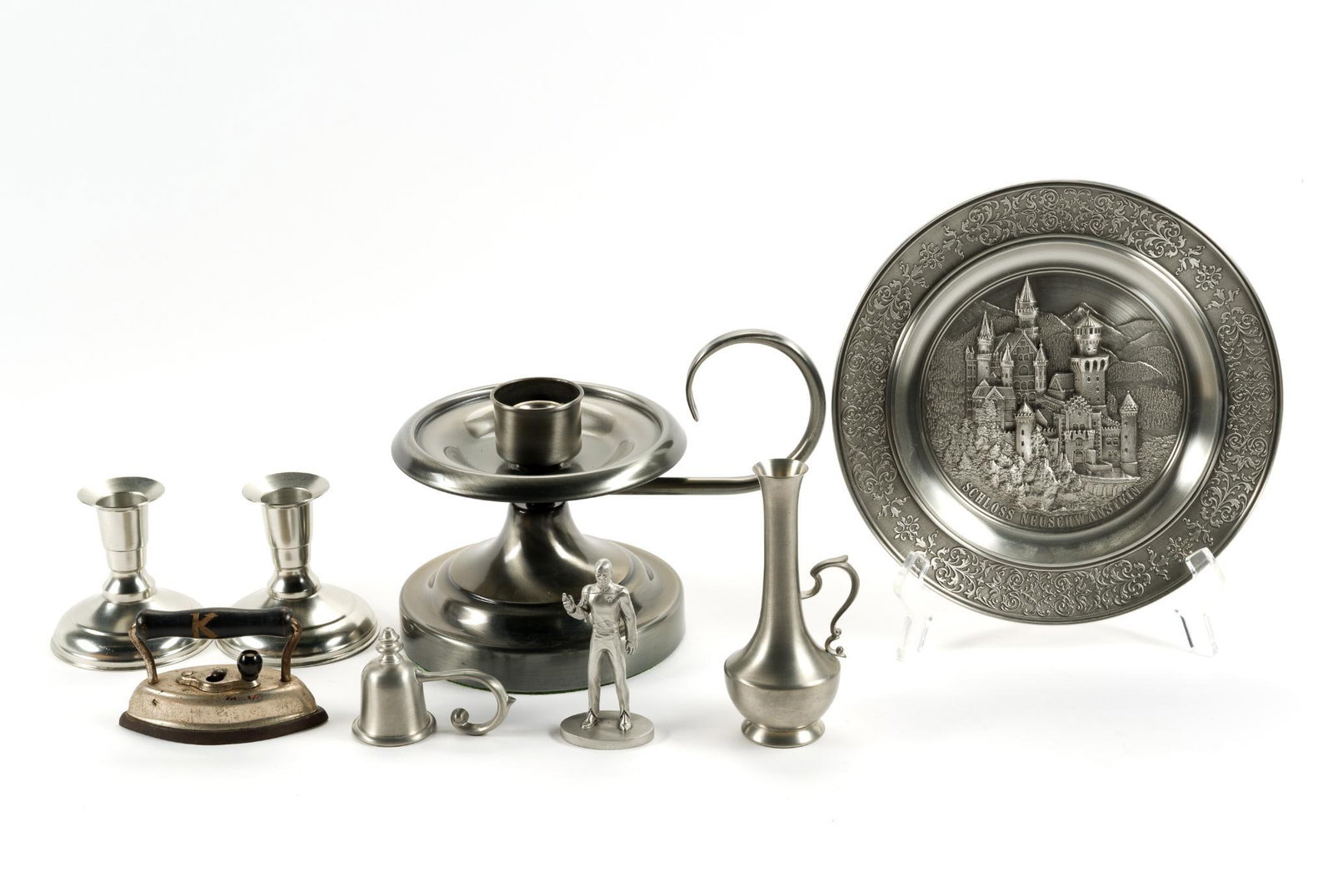 Pewter Decoratives: Includes Schloss Neuschwanstein plate (made in Germany), small Picard figurine and vintage miniature iron. Sizes range from 9" by 7" to 3 - 1/2" by 2 - 1/4".