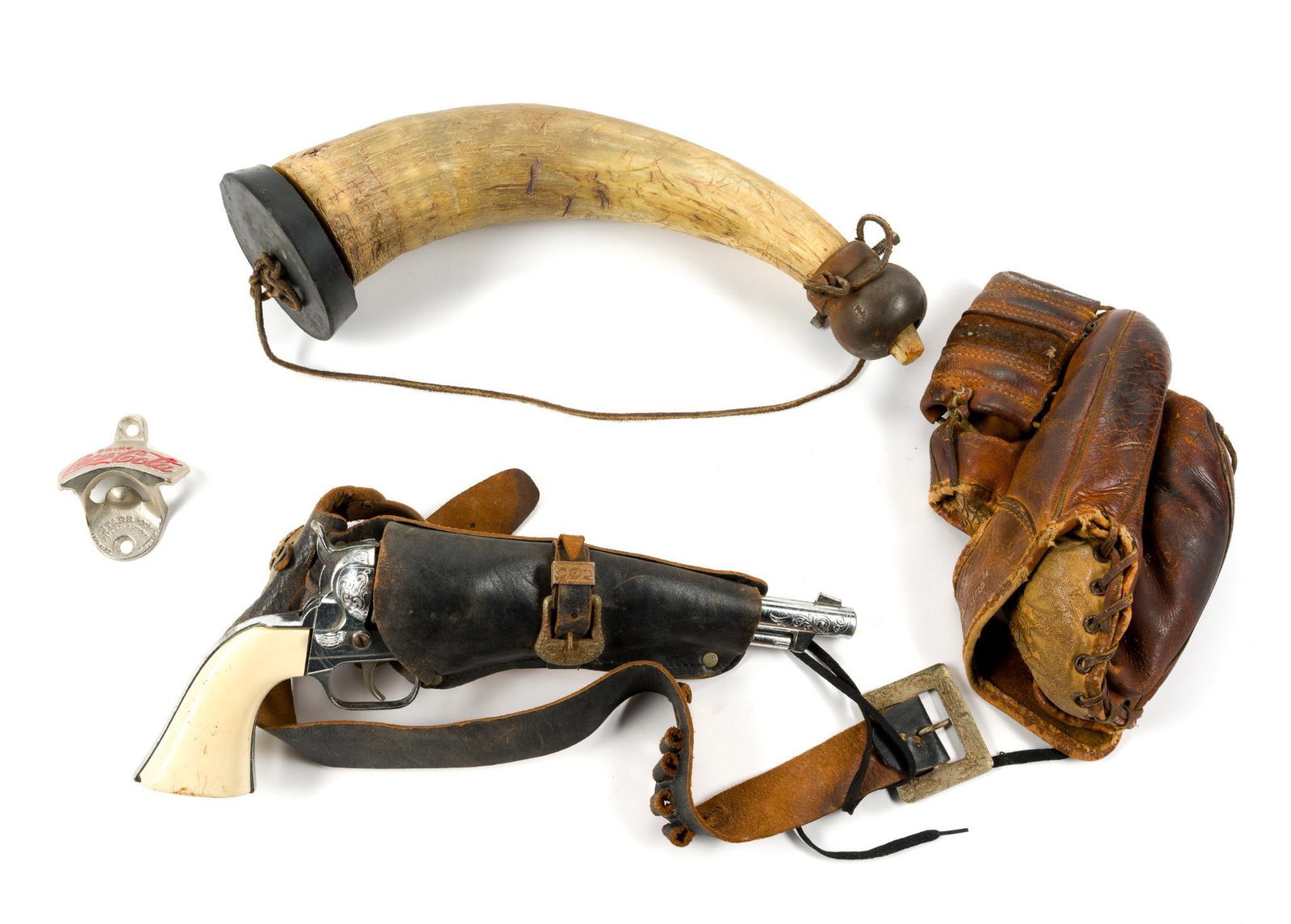 Vintage Baseball Glove, Powderhorn and Toy Colt .45 (1 of 7)