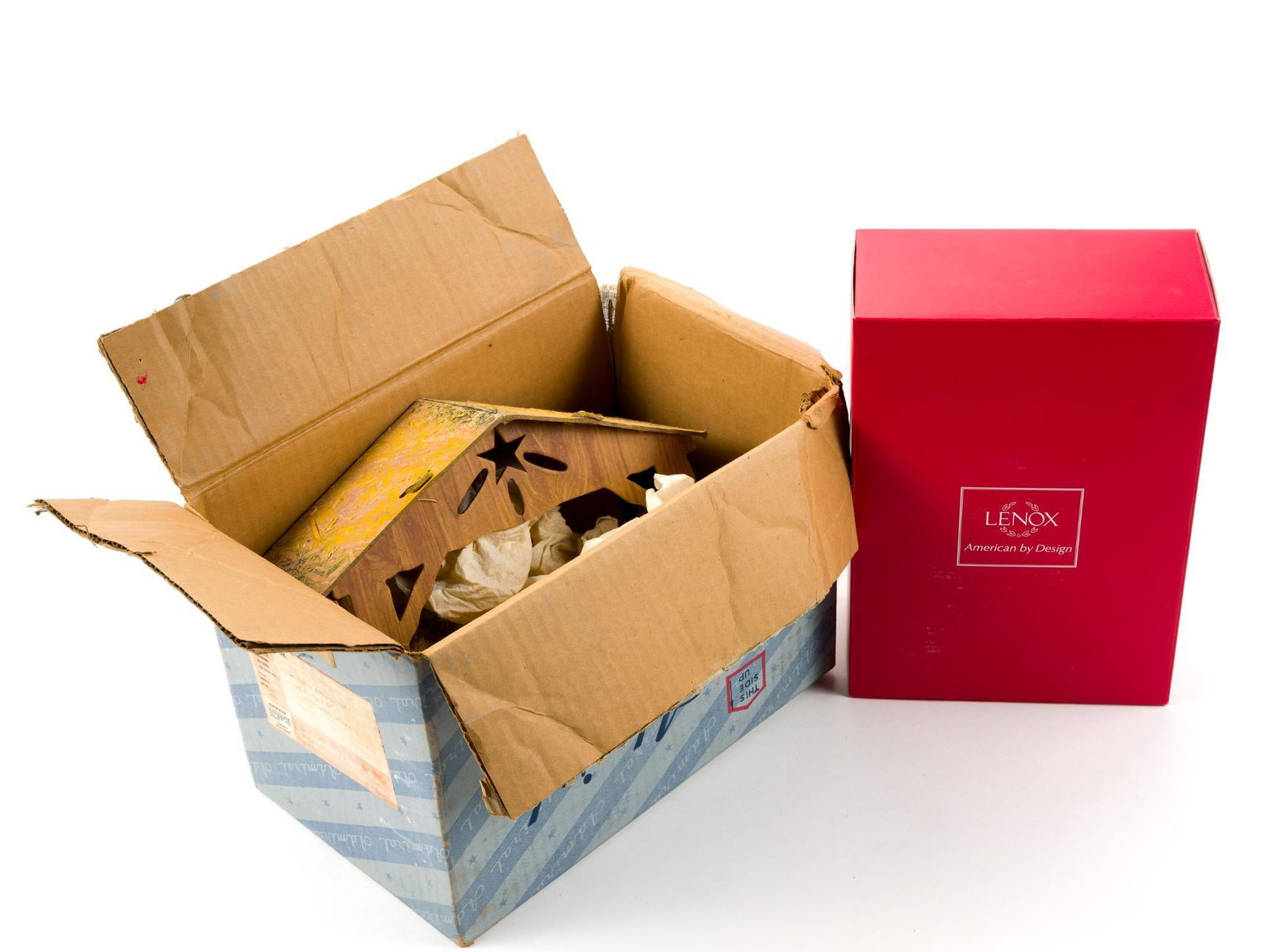 Lenox Stocking Hangers and Vintage Nativity Scene: Largest box is 13" in width by 9" in depth and 9 - 1/2" in height.