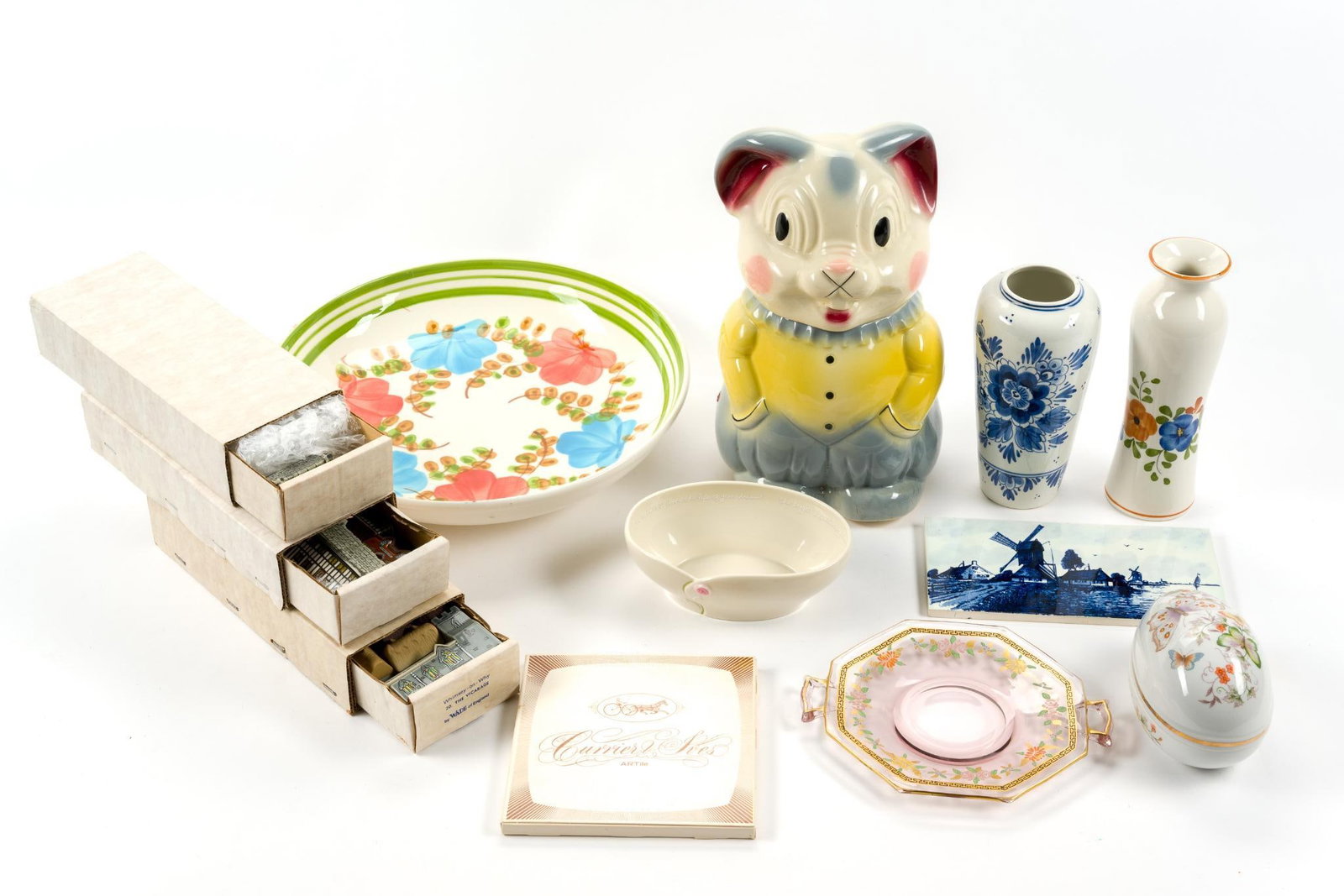 Glass and Porcelain Incl. Whimsey-on-Why: Largest bowl is 13" in diameter and 2 - 1/2" in height. Also includes Delft, Currier and Ives and Industria Ceramica.