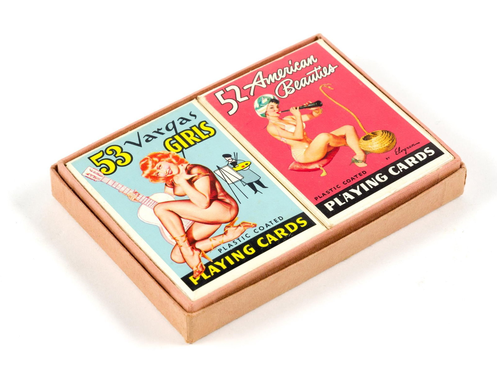 2 Alberto Vargas Vintage Pin Up Playing Cards: Includes "53 Vargas Girls" and "52 American Beauties" card decks. Case is 5- 1/2" by 4" by 1".