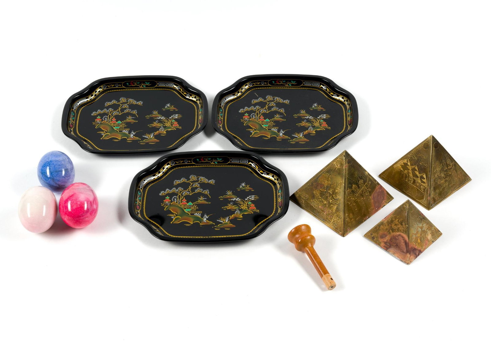 Assorted Decoratives: Pyramids have wear associated with age. Sizes range from 3 - 3/4" to 2 - 1/2" in width to 2 - 1/2" to 3 - 1/2" in height.