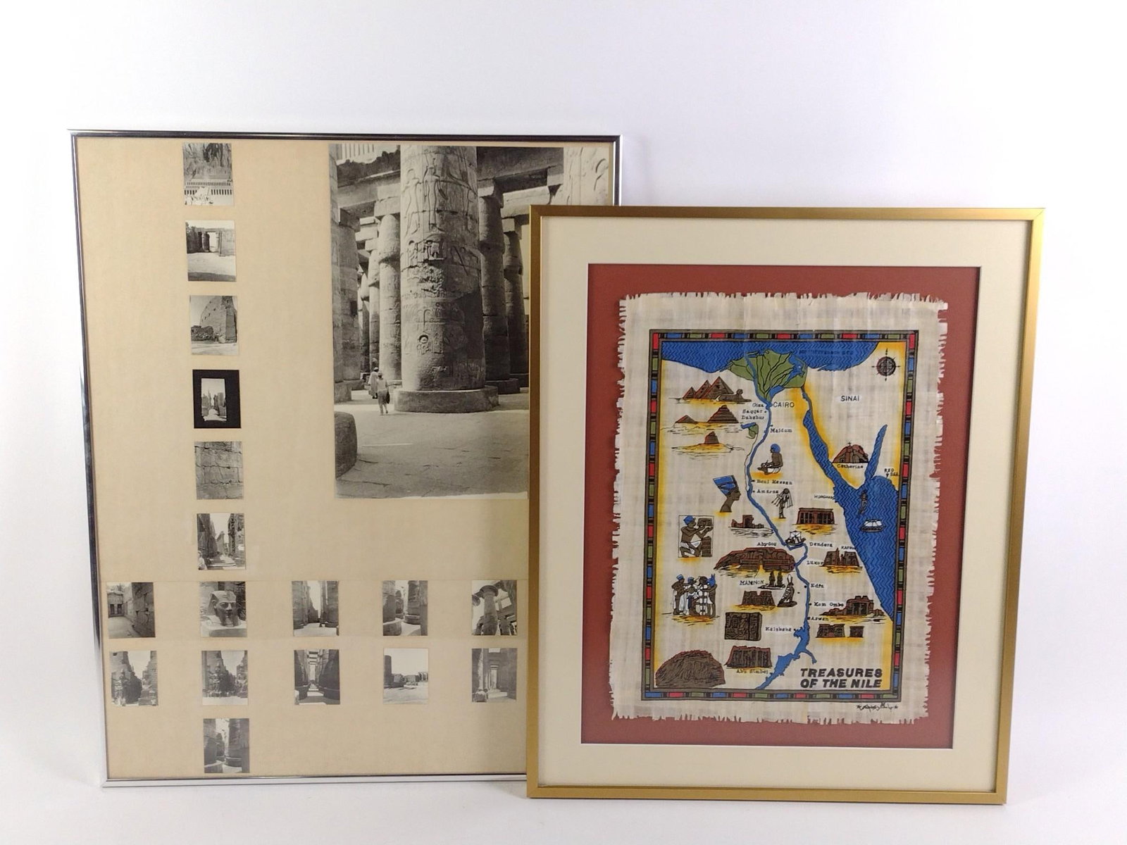 2 Framed Egyptian Tourist Pieces incl. Treasures of the Nile Papyrus: Also includes tourist pictures from Luxor. 23-1/4" to 26" long x 19" to 20-1/4" wide.