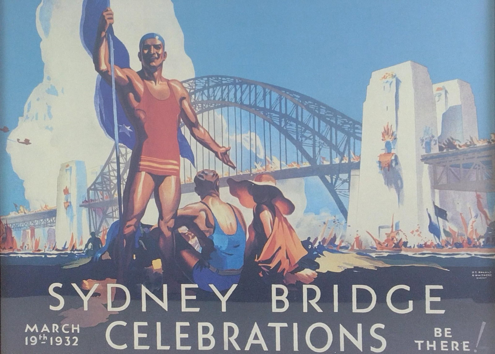 Framed Sydney Bridge Celebration Poster: March 19th 1932. Overall 22-1/4" long x 27-3/4" wide, sight 15-3/4" long x 21-1/2" wide.