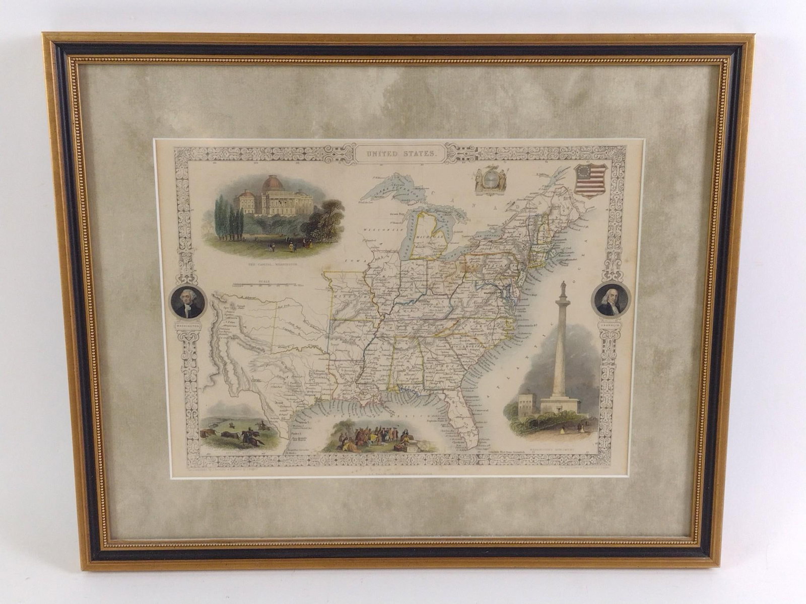 John Tallis Illustrated United States Map 1850: Overall 15-1/2" long x 19" wide, sight 10" long x 13-1/2" wide.