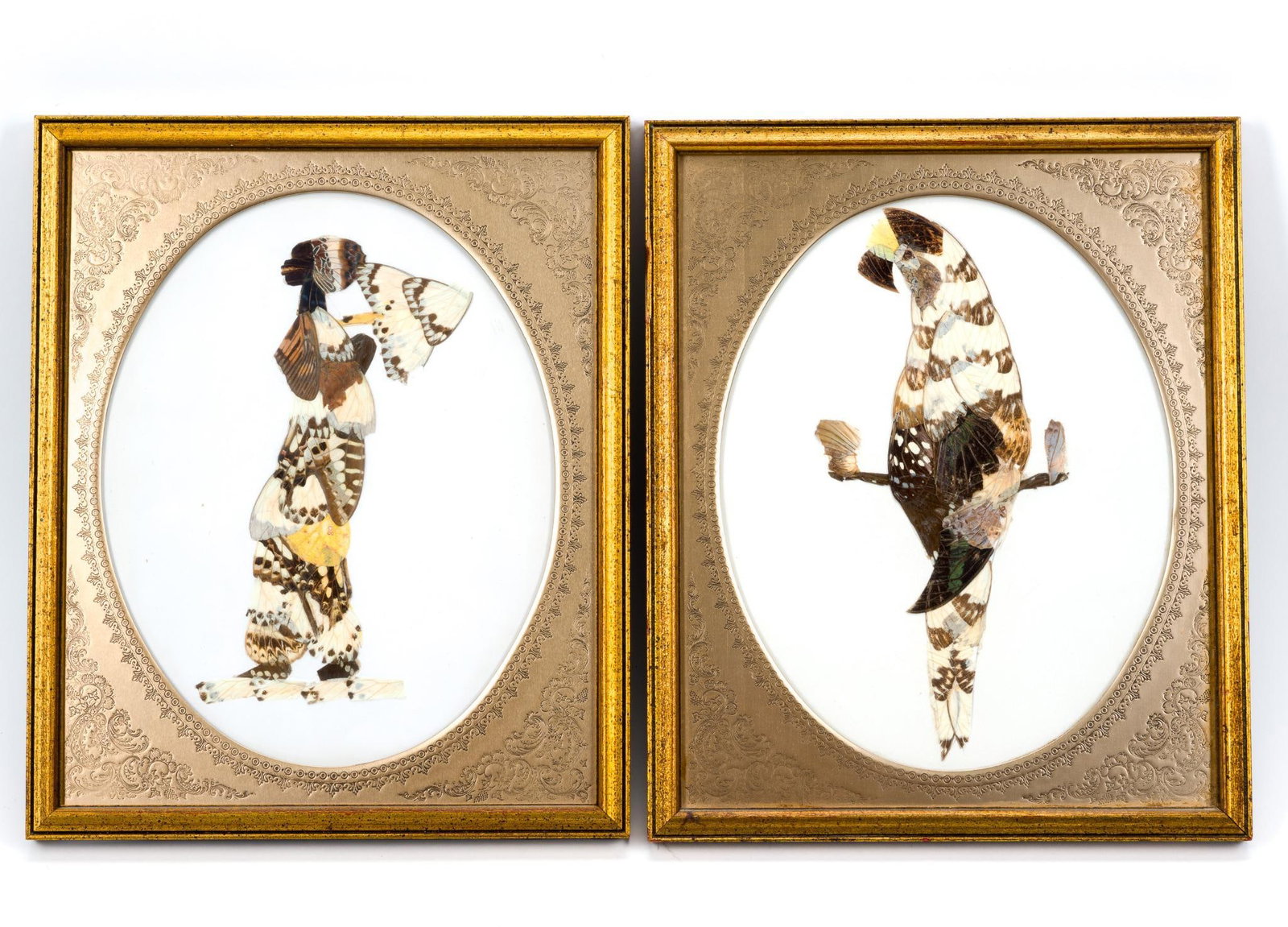 2 Framed Vintage Butterfly Wing Mosaic Art Pieces: Both measure overall with frame 9-3/4" x 11-3/4" and sight measures 9-1/4" by 7-1/4".