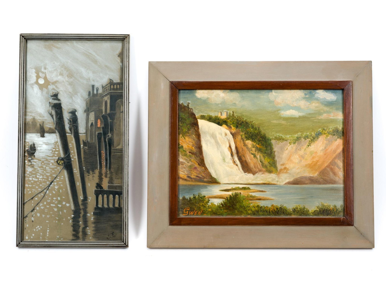 2 Signed and Framed Paintings: 1) Signed J.E. Measures 8-3/4" x 16-3/4" with frame. Sight measures 7-3/4" x 15-5/8". 2) Signed Gwen. Measures 17-1/2" x 14-5/8" with frame. Sight measures 12-3/4" x 9-7/8".