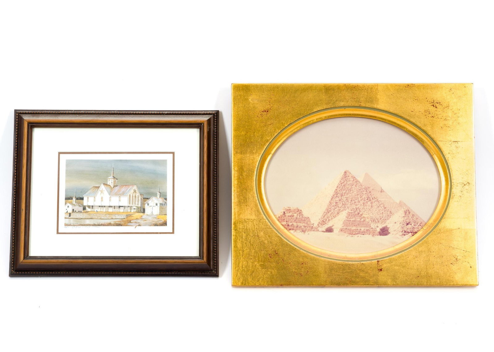 2 Framed Art Prints: 1) Framed print signed by the artist. Measures 10-3/4" x 8-3/4" with frame. Sight measures 5-1/2" x 4". 2) Vintage image of the Pyramid at Giza. Measures 12" x 10-1/2" with frame. Sight measures 9" x