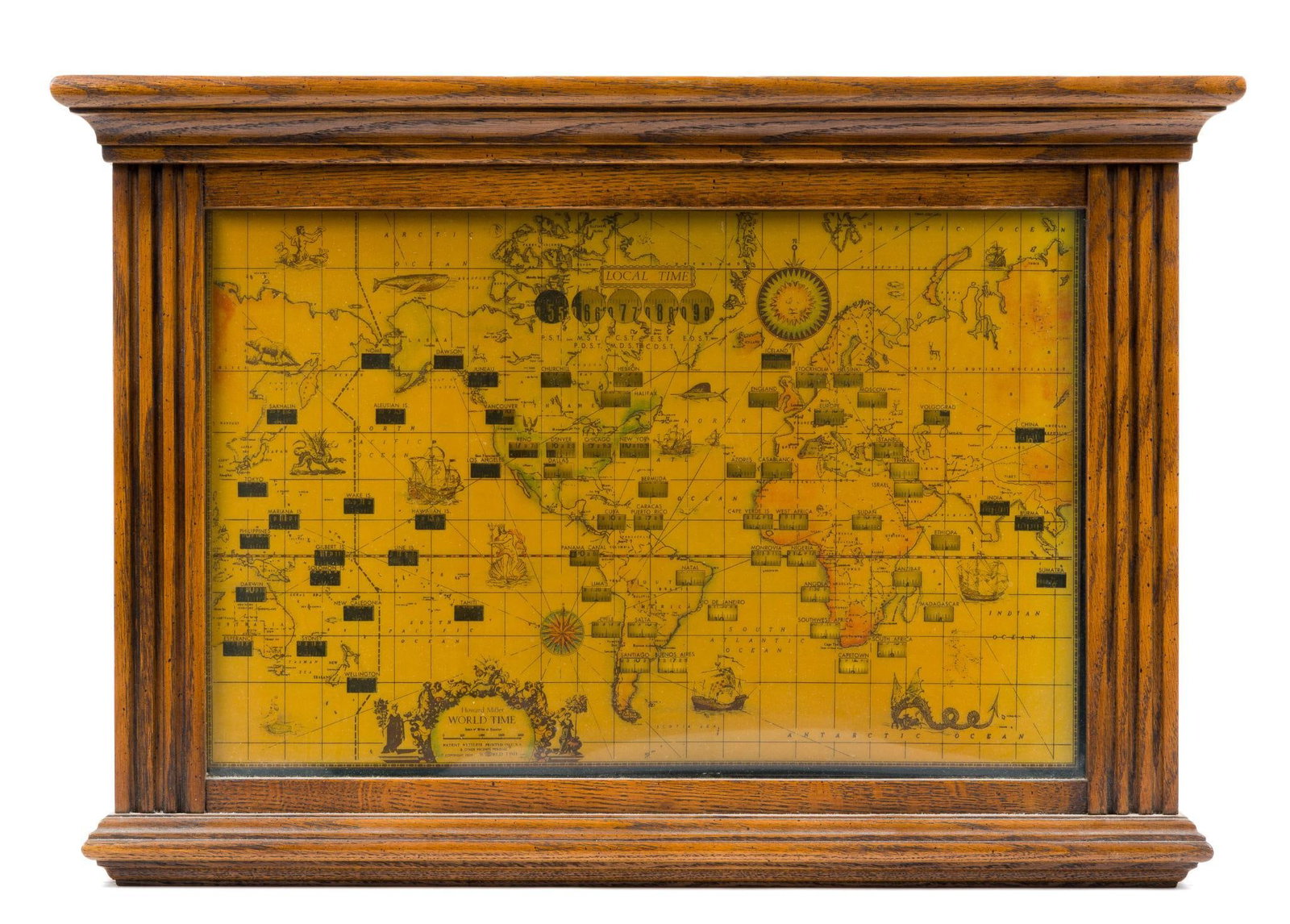 Vintage Howard Miller World Time Mantel Clock: Model 612-371 from 1959. Measures 26" by 18" by 4-1/2". Comes with items for mounting.