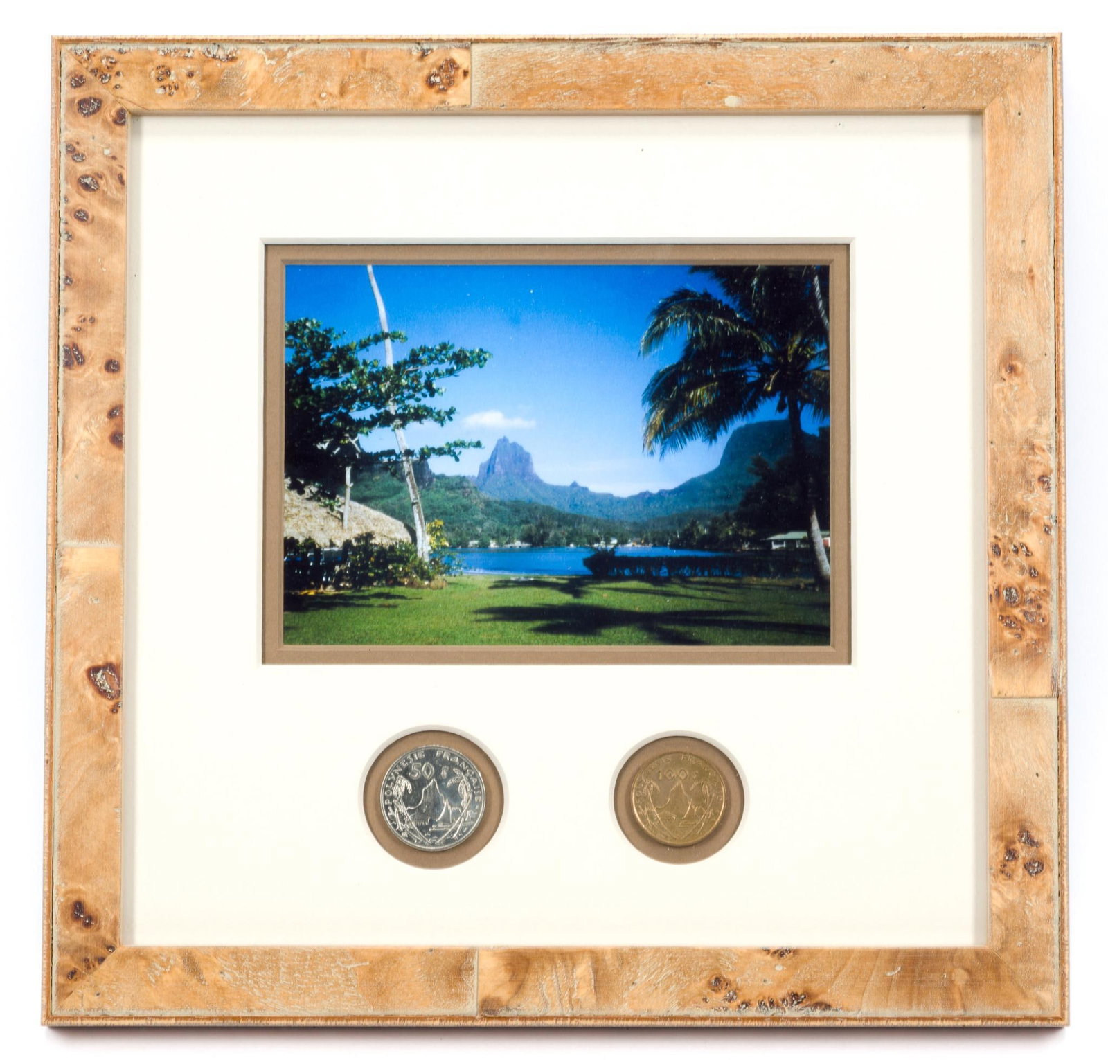 Framed Image of Polynesia: Also includes two collectible French coins. Measures12-1/2" x 12-1/4" with frame, sight measures 6-3/4" x 4-3/4".