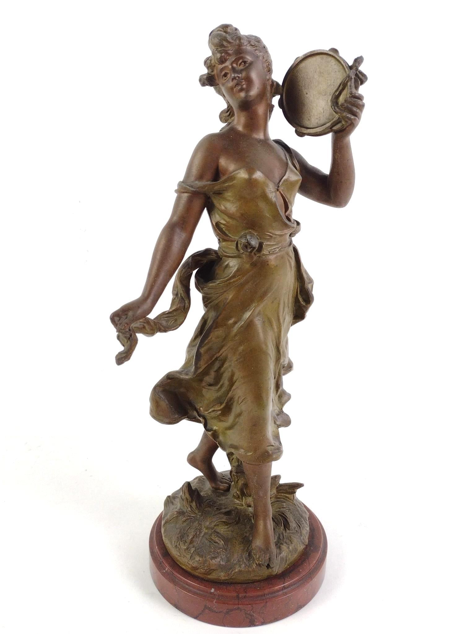 Hippolyte Moreau "Girl with Tambourine" Bronze Statue: Patinated bronze statue. Signed to base. 7" wide X 4" deep X 15-1/4" high.