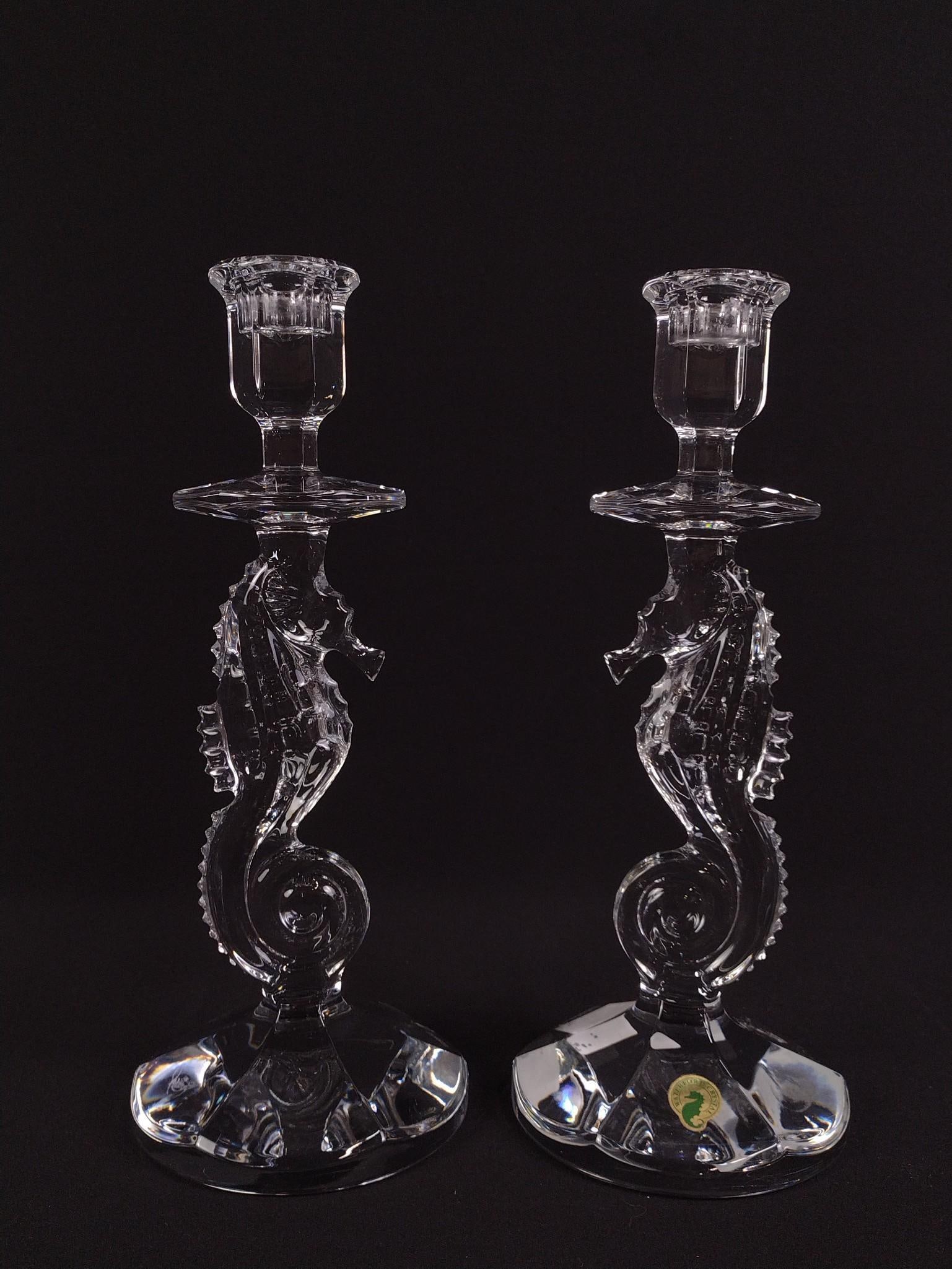 Pair of Waterford Crystal Seahorse Candle Sticks: Each 4-3/4" diameter X 11" high.