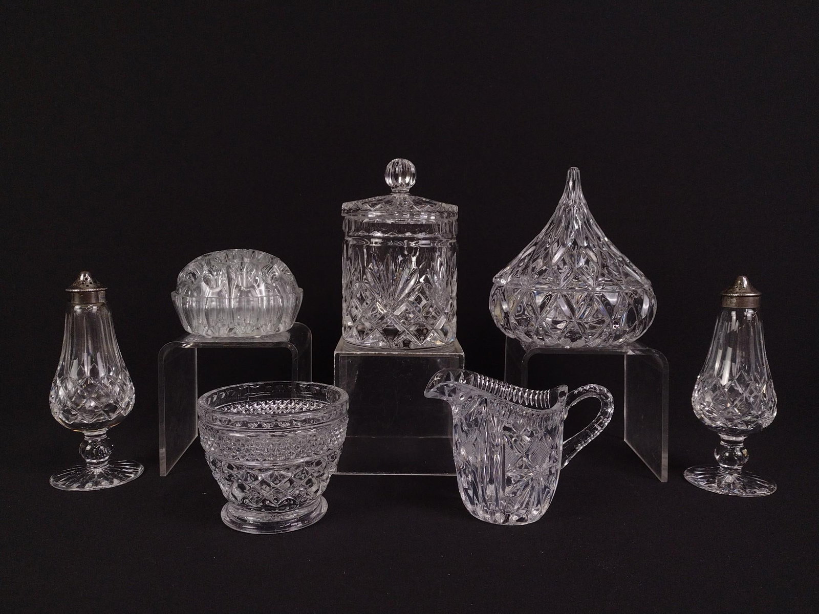 7 Pcs Cut & Pressed Glass: 2-3/4" to 5-1/2" high. No markings found.