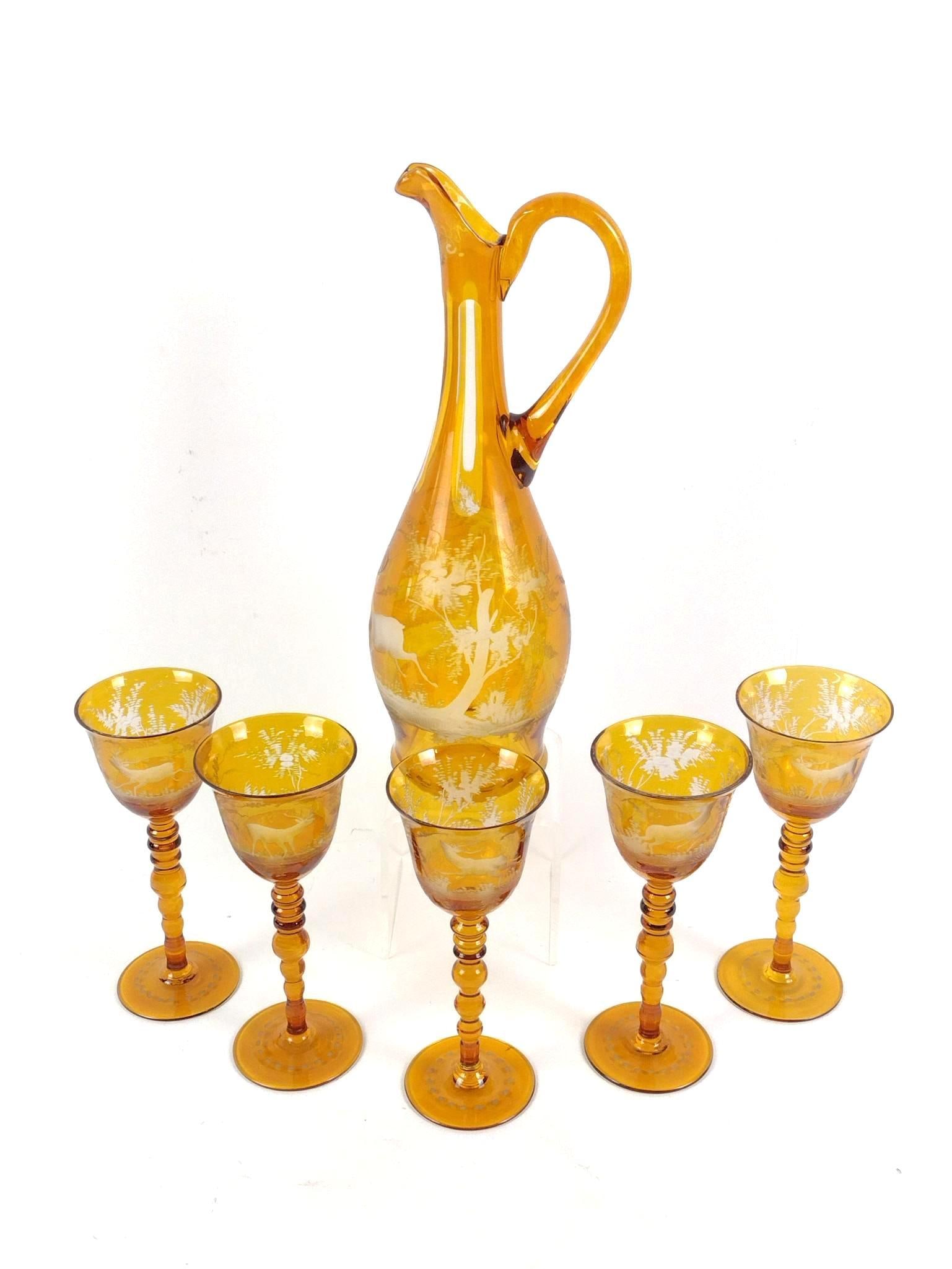 Bohemian Amber Cut to Clear Decanter and Wine Glass Set: Pitcher 4-1/4" diameter X 13-1/2" high. Glasses 3" diameter X 7-1/4" high.