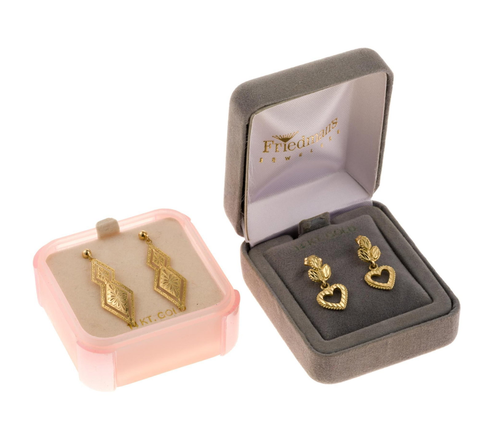 14K Gold Earrings: Both pairs marked. 1/2" wide x 1" to 1-1/2" long. 3.0 grams.
