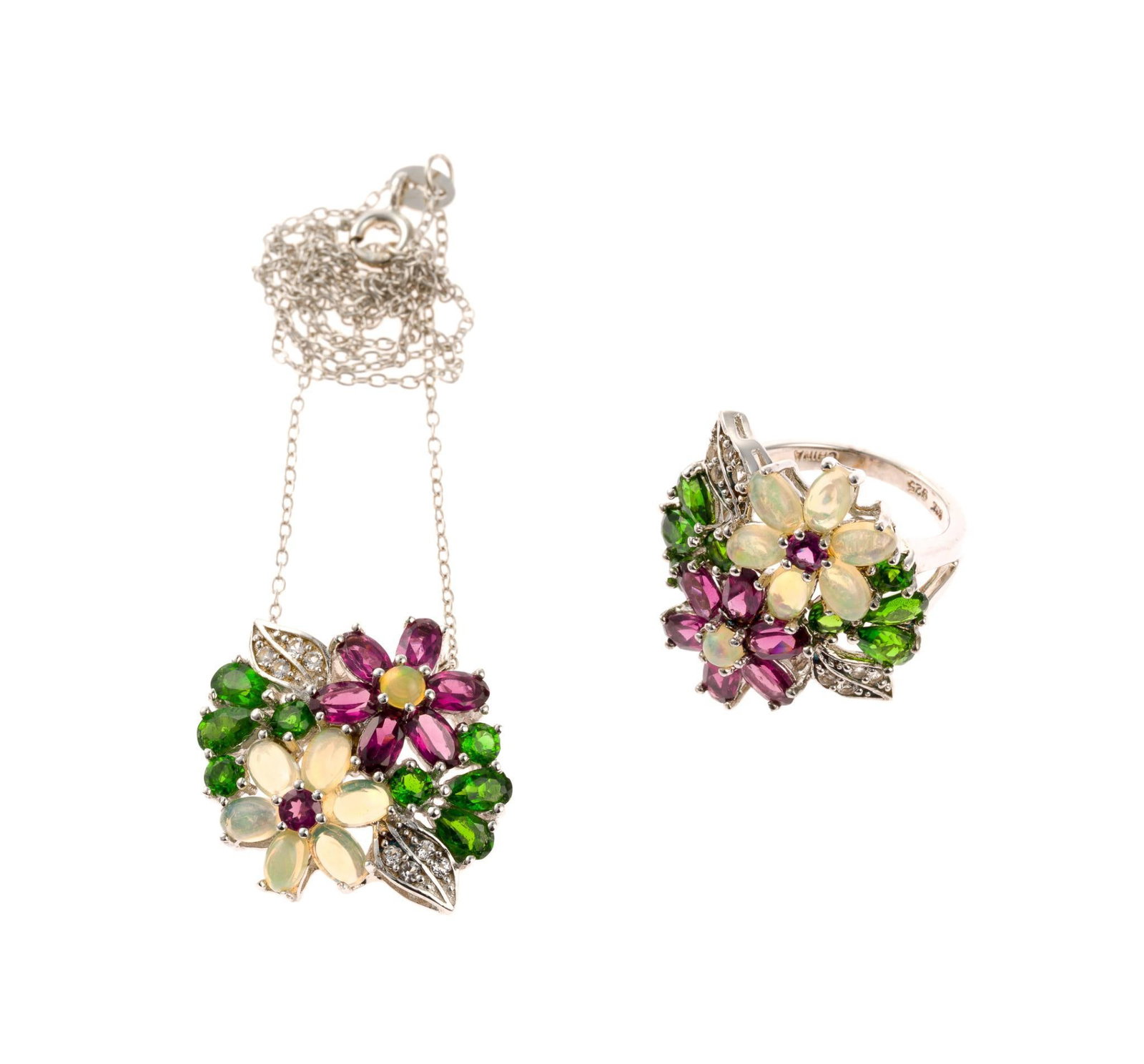 Sterling Silver Gemstone Necklace & Matching Ring: Both marked. Includes mother of pearl, rhoadlite garnet, and green tourmaline. Necklace measures 1" wide x 1" long, chain 17-3/4" long. Ring size 5. 0.37 ozt total.