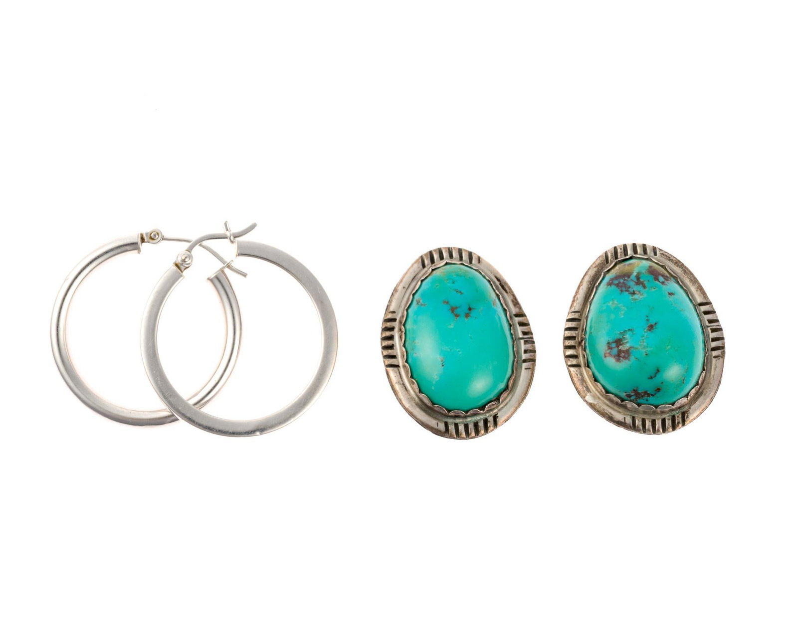 Sterling Silver Earrings: Includes pierced hoops and clip on turquoise. 7/8" to 1" wide x 1-1/8" long. 0.39 ozt total.
