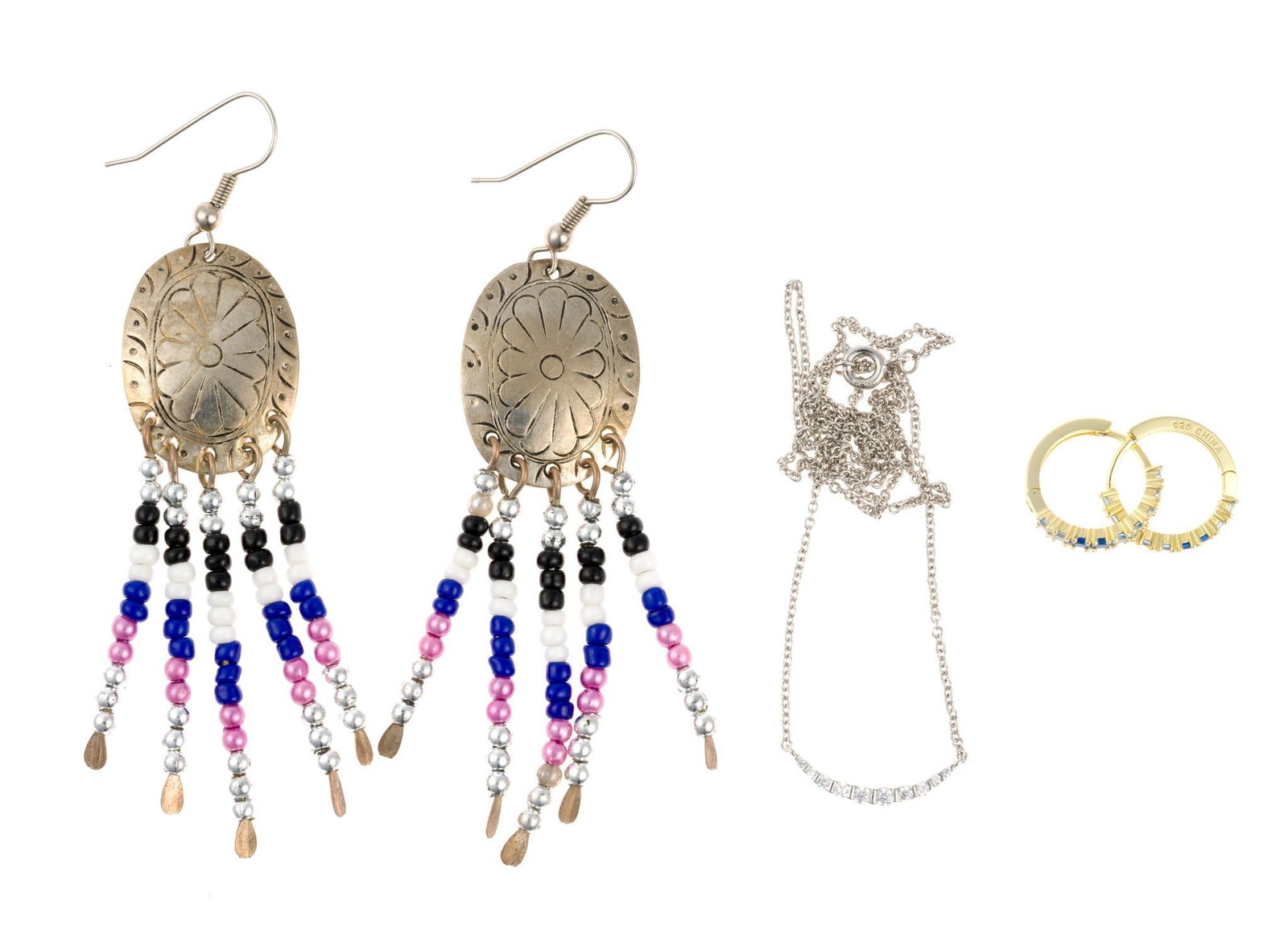 Sterling Silver Earrings & Necklace: All marked. Earrings measure 5/8" to 1" wide x 5/8" to 3-1/4" long. 0.36 ozt total.