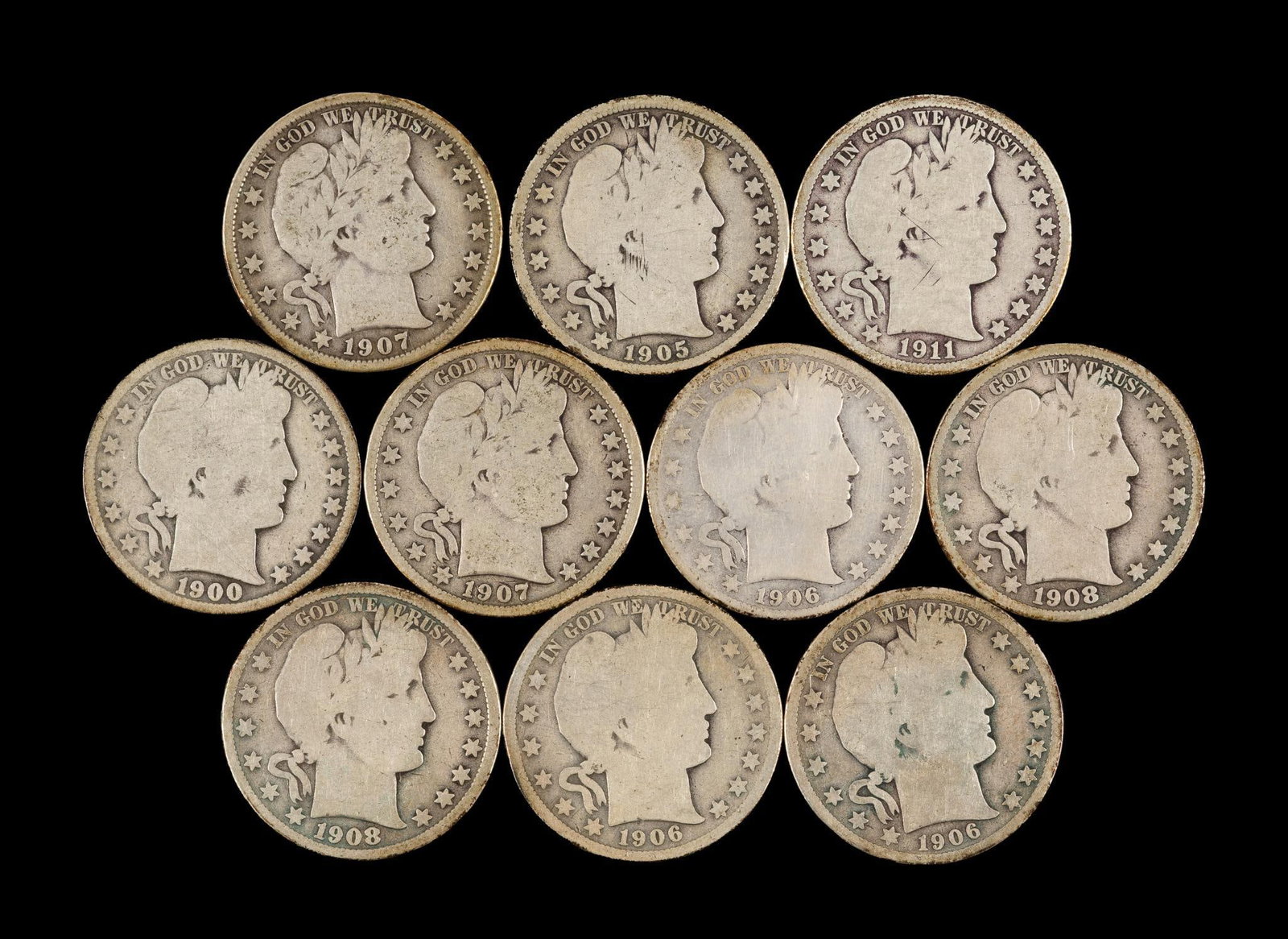 Ten Barber Half Dollars: These are average grades.
