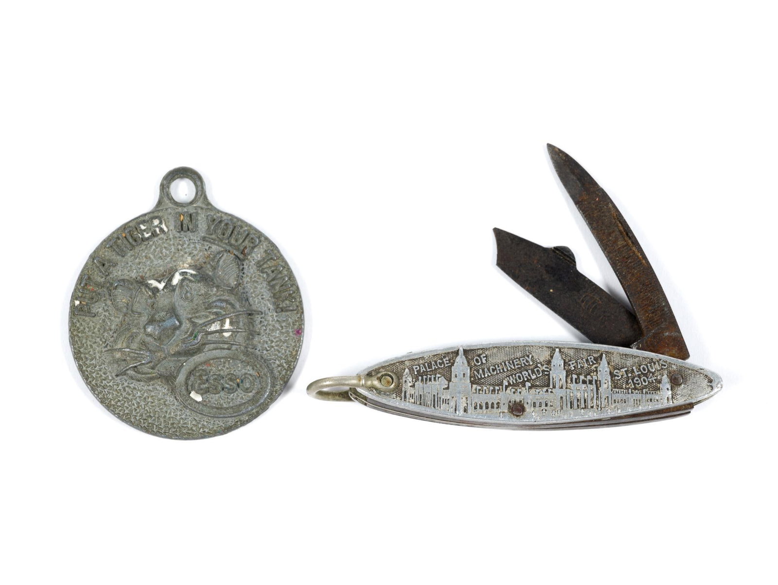 1904 Souvenir Pocket Knife from St. Louis Worlds Fair: Also includes Esso "Put a Tiger in Your Tank" motor key club fob. Knife is 2.5" closed.