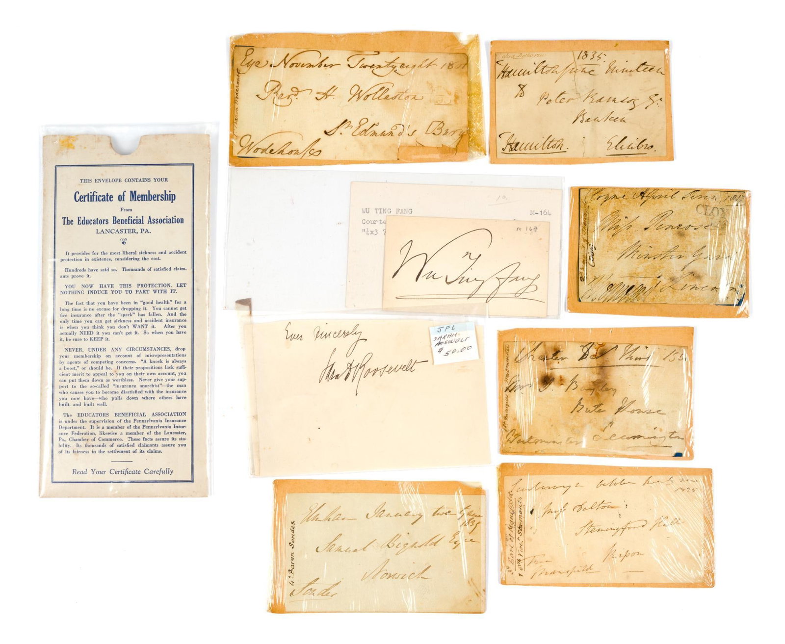 9 Historical Figures Autographs: Including English Lords and Barons, Sarah Roosevelt, and Wu Ting-Fang (acting Premier of the Republic of China in 1917).