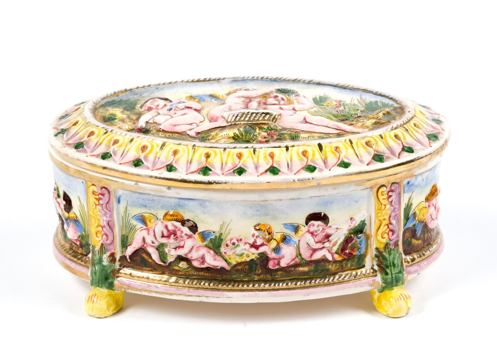 Capodimonte-Style Porcelain Dresser Box: 8" by 5" by 2-1/2". Features high-relief designs and hand-painted scenes featuring cherubs (putti). Marked Italy 1938.