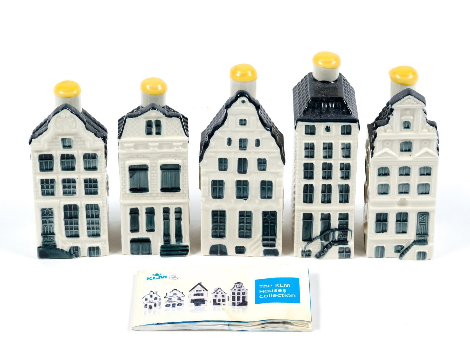 5 KLM BOLS Delft Porcelain Homes: Comes with no. 53, 57, 69, 62, and 71. Largest bottle measures 4 - 1/4" tall.