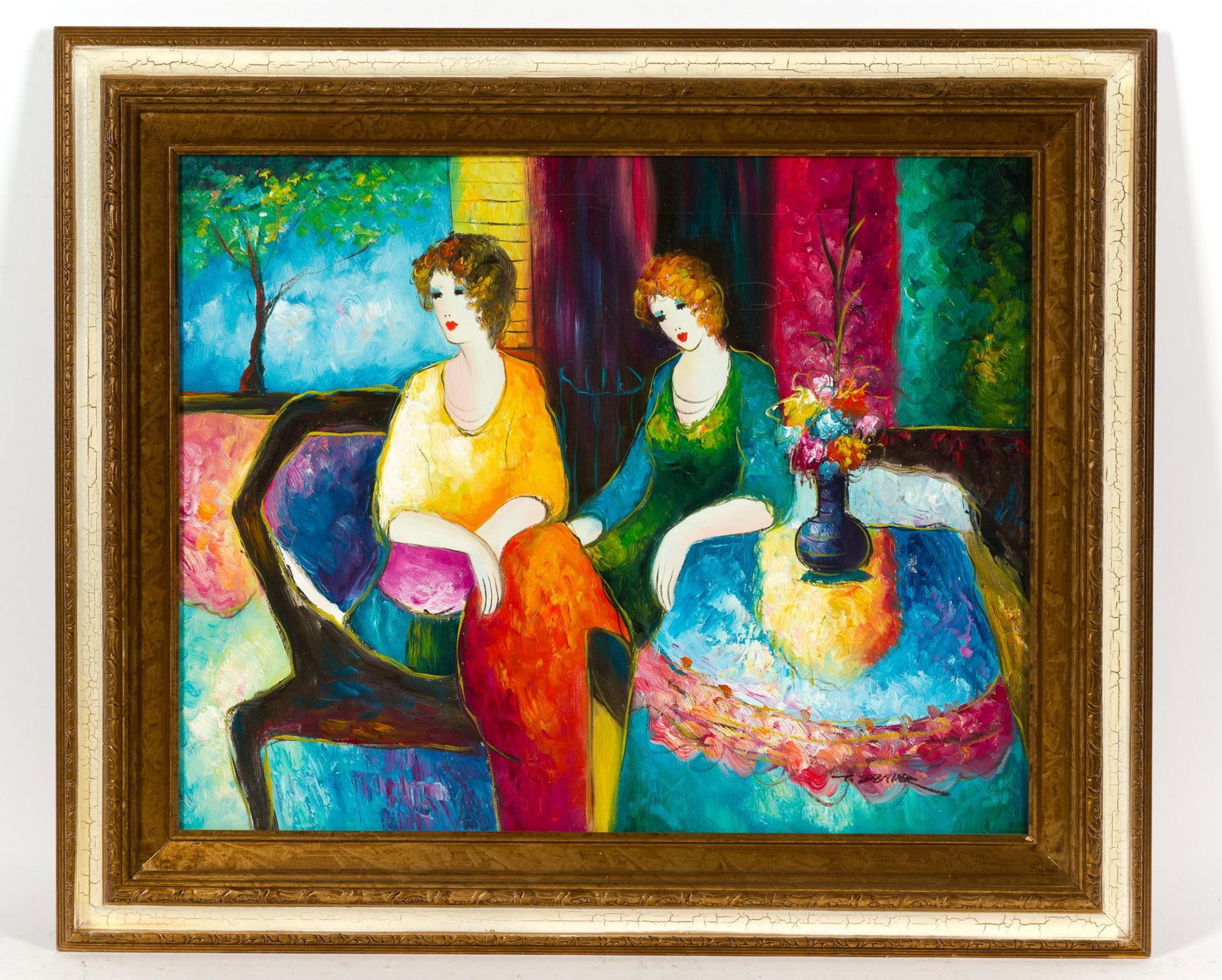 T. Denver Tarkay Style Framed Oil Painting: Signed by T. Denver and is in the style of artist Itzchak Tarkay (Israeli, 1935-2012). Measures 25 - 1/4" by 21" with frame, sight measures 19-1/2" by 15-3/4".