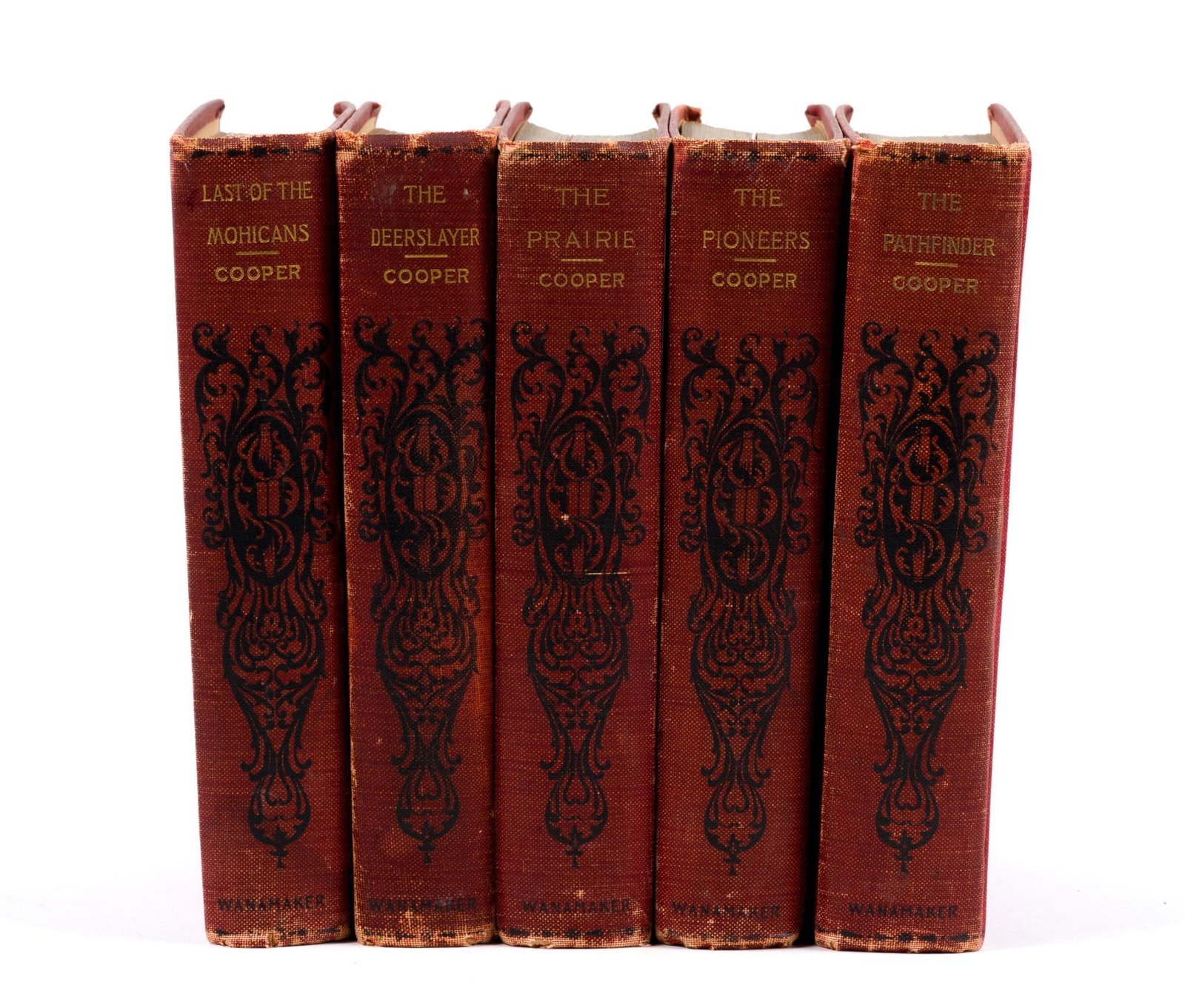 Set of 5 "Leatherstocking Tales" Novels by James F. Cooper: Late 19th or early 20th Century editions. Published and bound by John Wanamaker. "The Leatherstocking Tales," by American novelist, historian, and social critic James Fenimore Cooper (1789 - 1851) rel