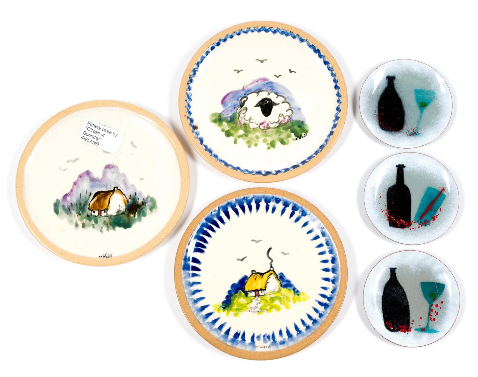 3 Pottery Art Plates by O'Neill of Bunratty & 3 Bovano Plates: Bovano plates are handcrafted metal and measure 3 - 5-8". Pottery plates by Tim O'Neill (Ireland) are signed and measure 6-3/4" across.