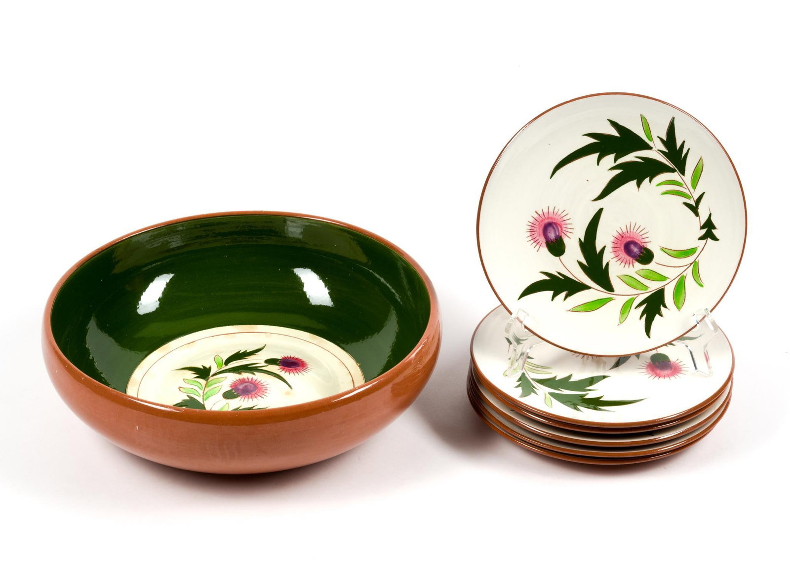6 Vintage Stangl Plates & Pottery Bowl: "Thistle" pattern. Bowl measures 12 - 3/8" x 3 - 3/4".