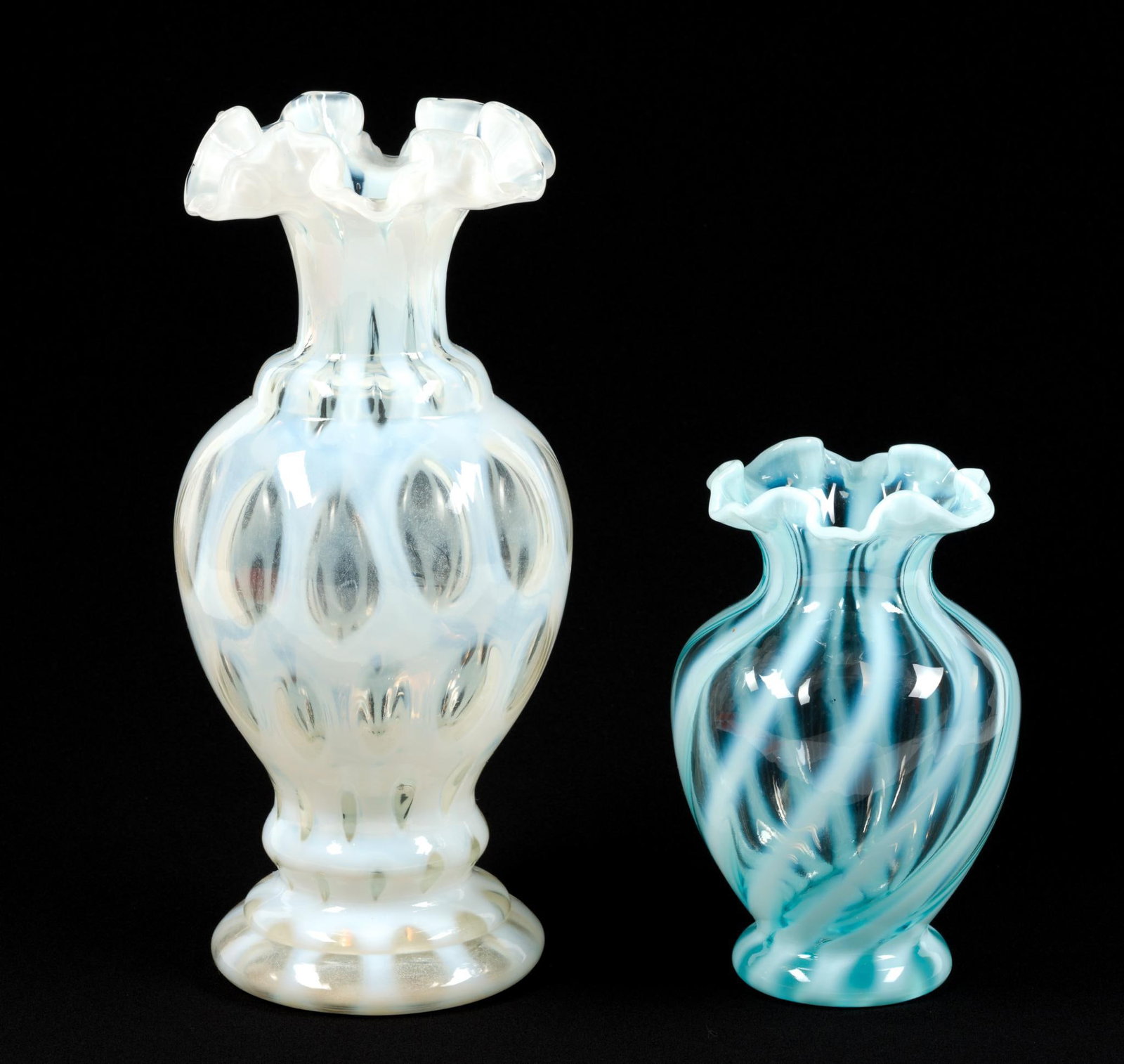 2 Vintage Fenton Art Glass Vases: Largest measures 10 - 7/8"" x 6".