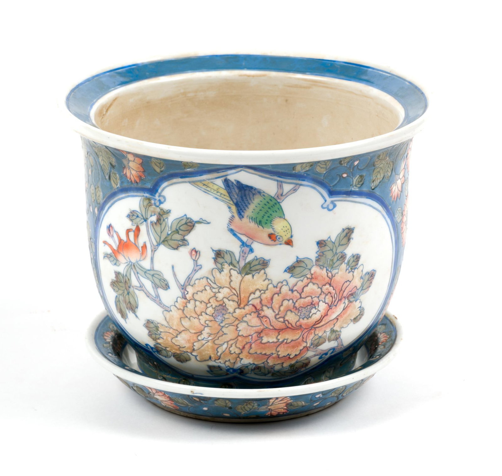 Vintage Chinoiserie Porcelain Planter with Underplate: Measures 7 - 7/8" x 6".
