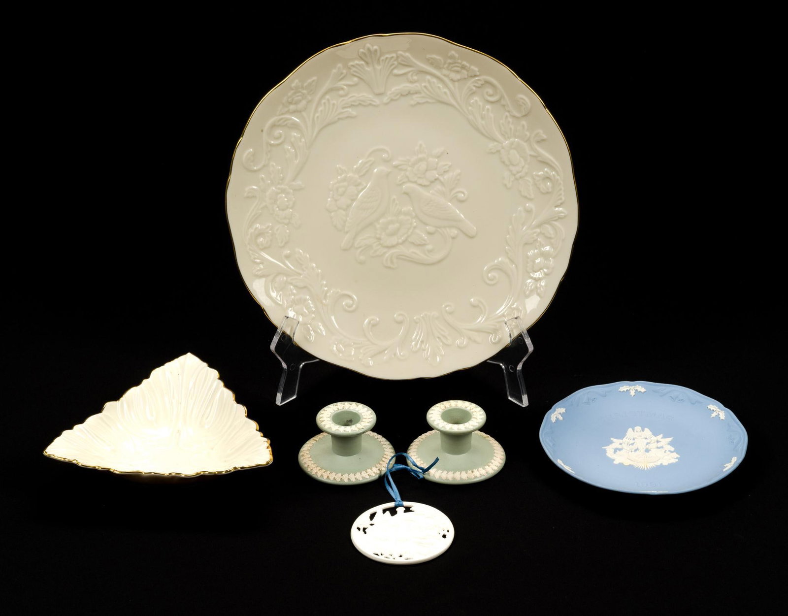 4 Pieces of Wedgewood & 2 Lenox Plates: Includes 2 Wedgewood candlesticks, Largest piece measures 12 - 5/8" in diameter.