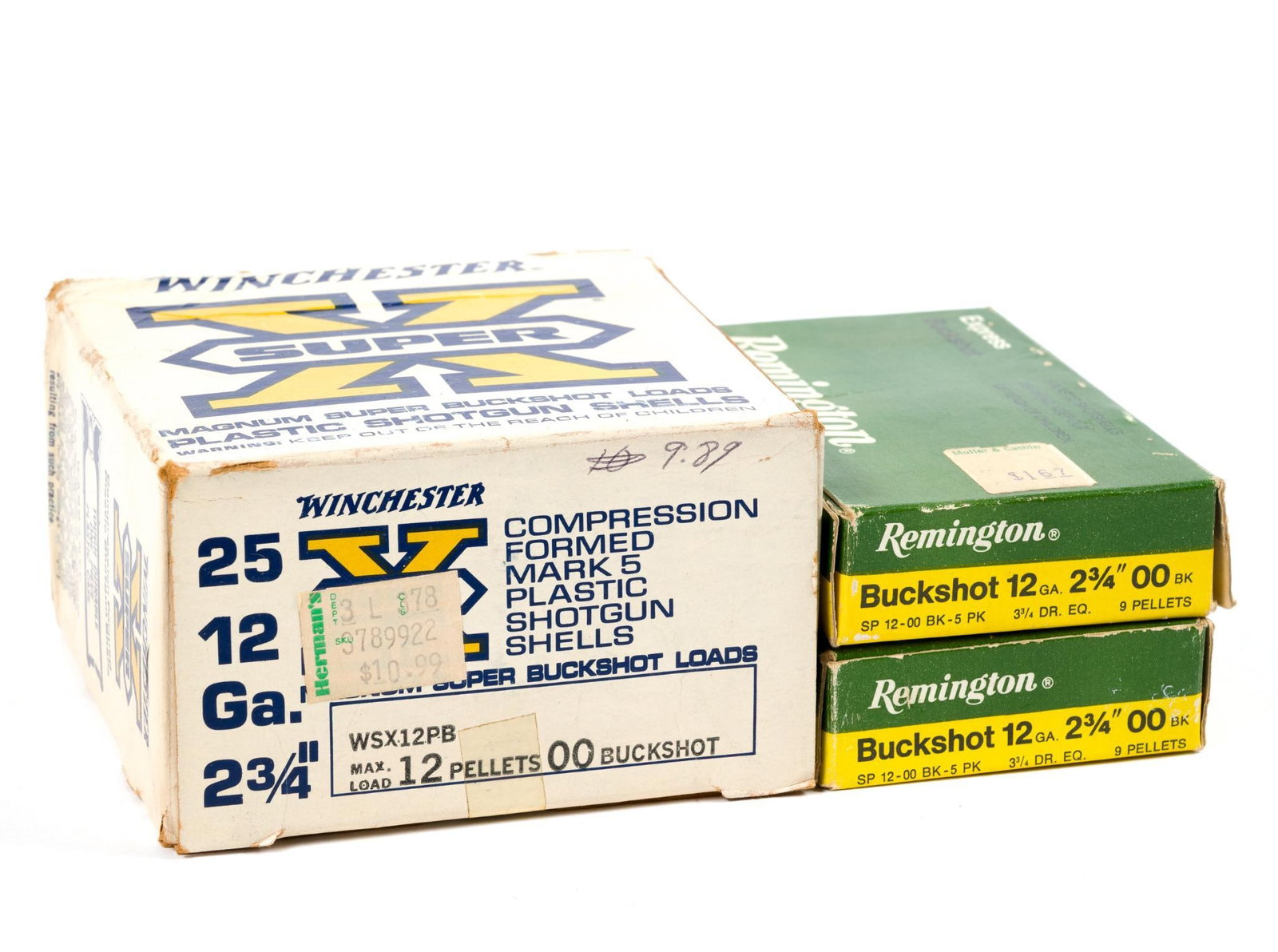 3 Boxes of Ammo Incl. Remington 12 Gauge: Also includes Winchester Mark 5 Compression Formed Plastic Shotgun Shells. Largest box measures 4 - 1/4" x 2 - 1/2" x 4 - 1/4".