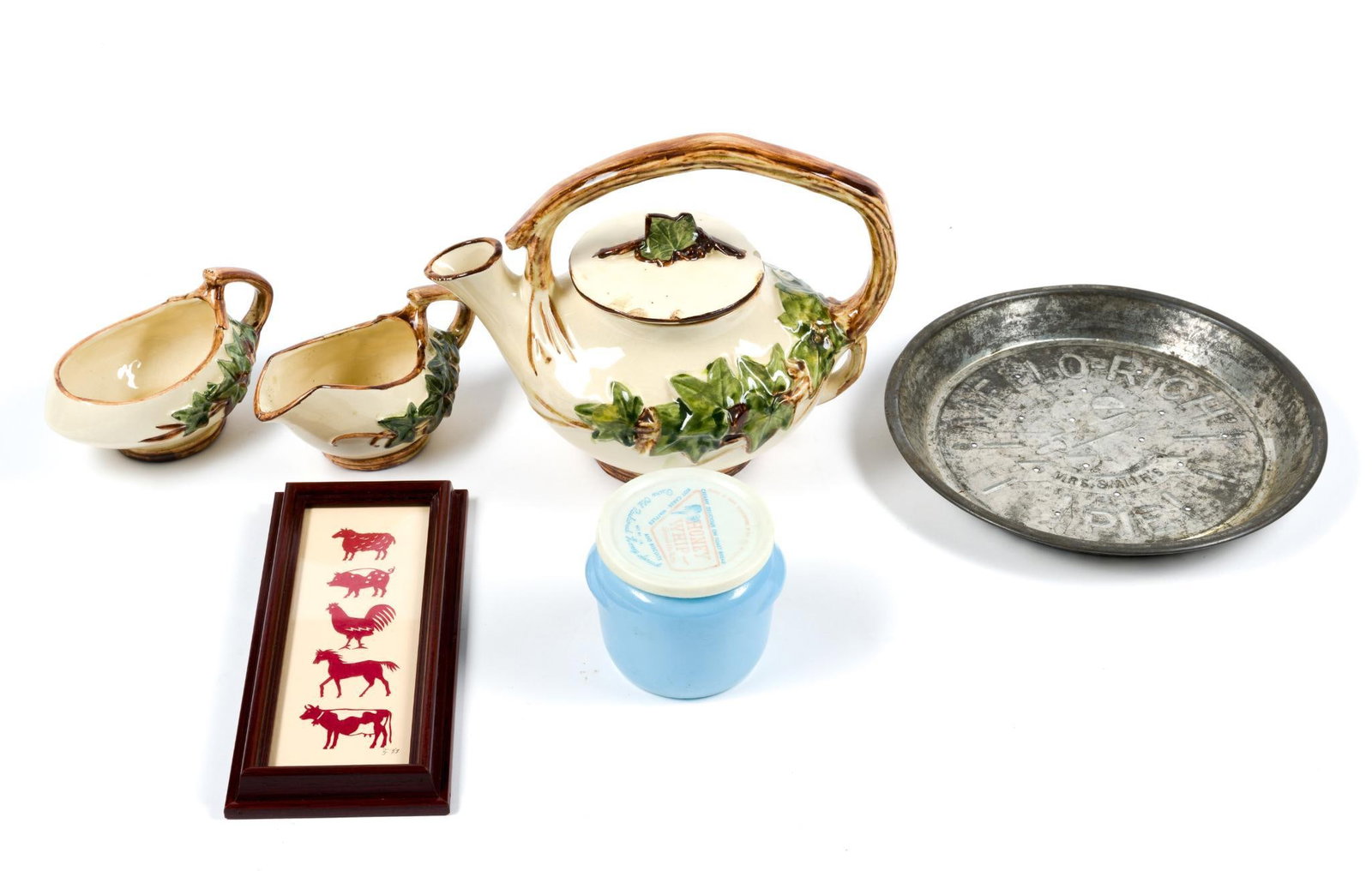 Vintage Kitchen Decor and Pottery: Includes Tilly Schouten miniature framed folk art, an antique pie pan and small vintage butter jar, and vintage 1940's McCoy Pottery Ivy Leaf Tea Set, which includes 8" teapot, 3.25" creamer, and 3.25
