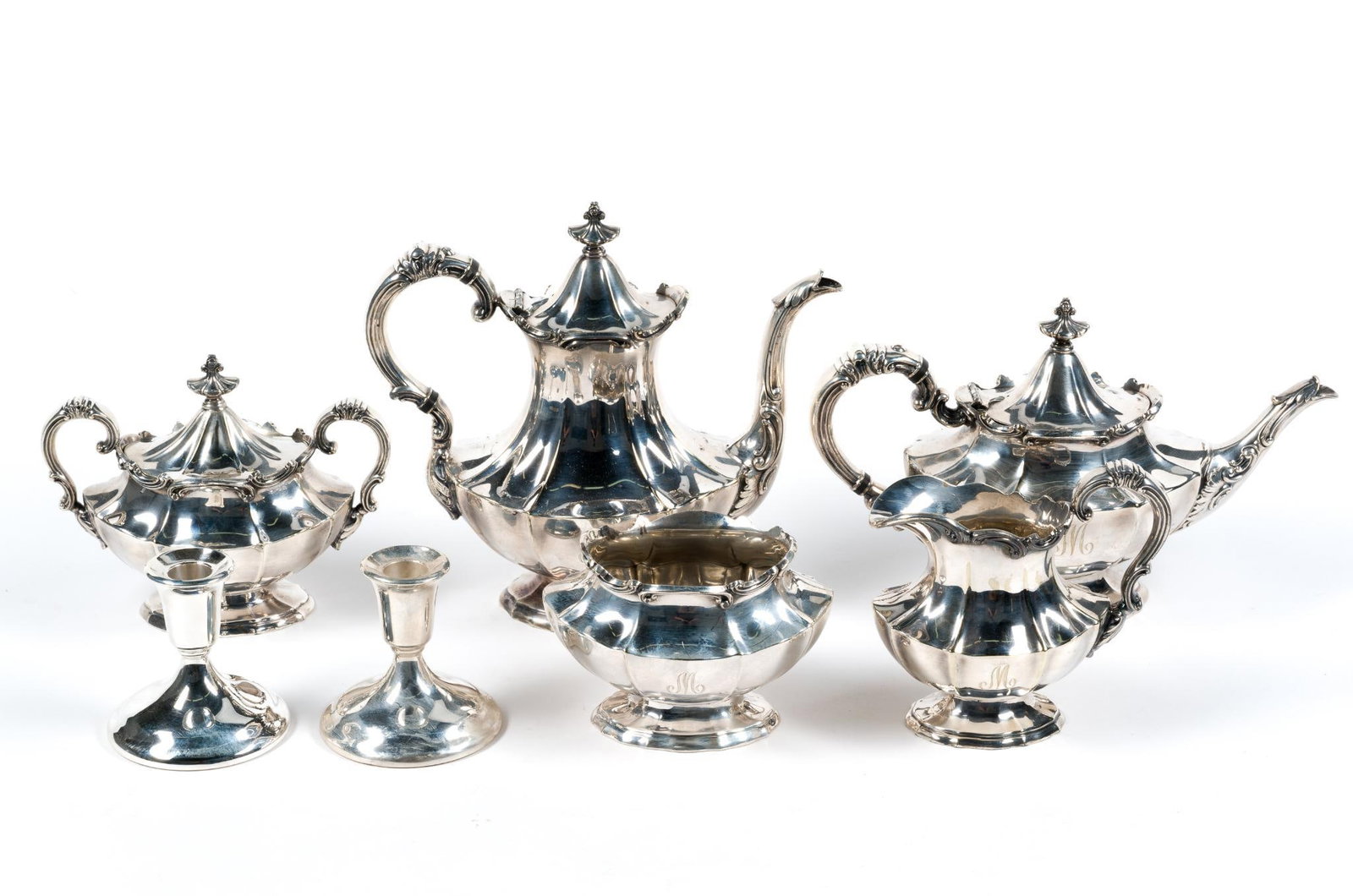Reed & Barton Silverplate Tea Set: Also includes 2 International Silver Co. Candlesticks. Largest piece measures 10 - 1/2" x 5" x 9 - 1/2".