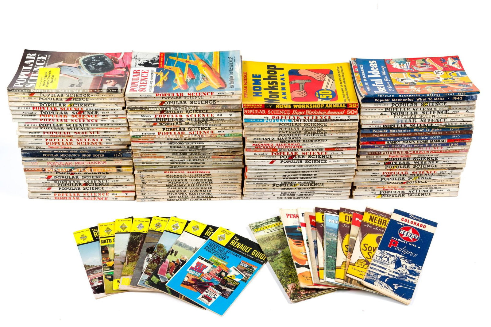 Popular Science, Popular Mechanix Magazines - 100+: Condition with wear typical of age and use. Includes 1940's, 1950's, 1960's and 1970's. Also includes Renault Guides and vintage maps of US states.