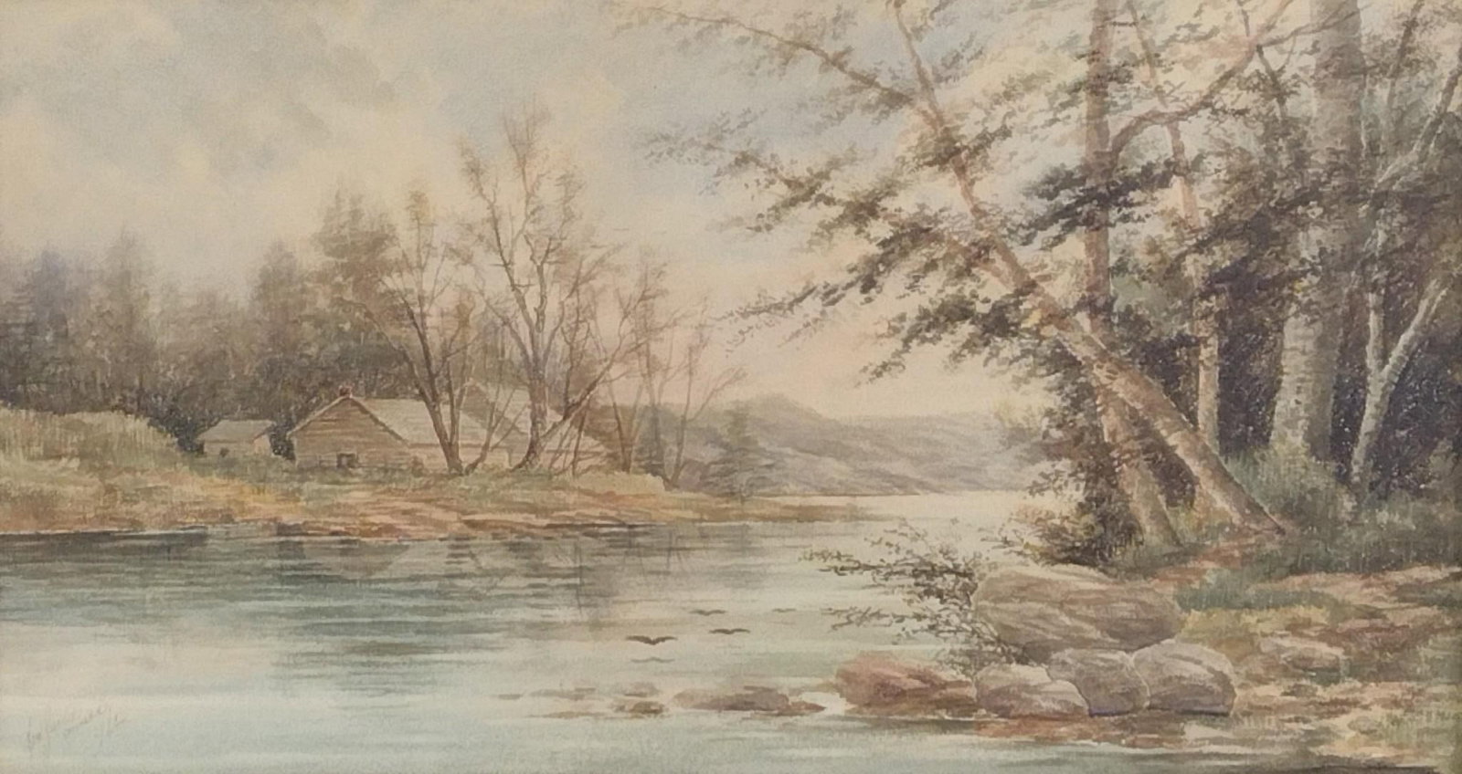 Vintage Landscape Watercolor by Edward Solomon: Framed and signed lower left. Sight 10-1/2" high X 19-1/2" wide. Overall with frame 19-1/2" high X 28-1/2" wide.