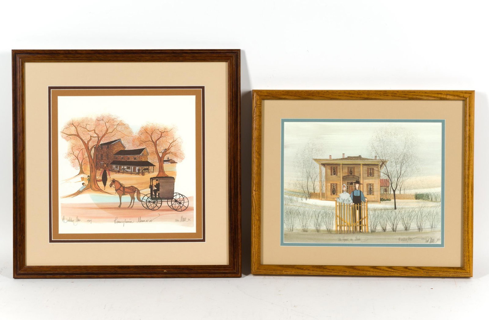 2 Signed P. Buckley Moss Limited Edition Prints: Both signed and framed. 1) "The House on Main" 14 - 3/4" x 17 - 1/2". 2) 18" x 18"