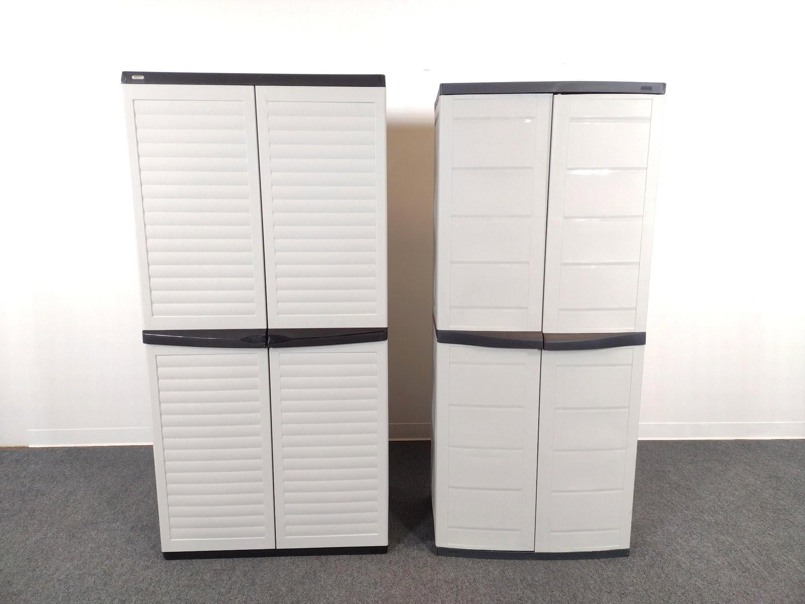 2 Keter Plastic Storage Cabinets: 30" to 34" wide X 19" to 21" deep X 69-1/2" to 71" high.