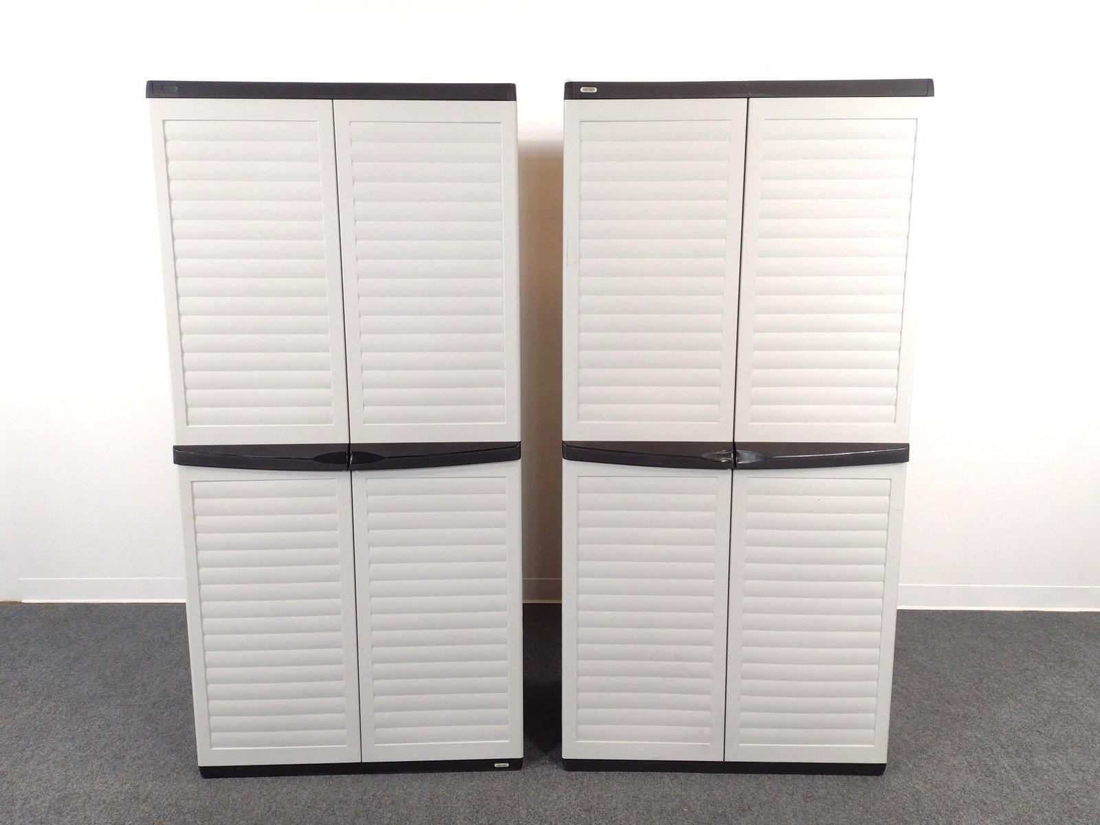 2 Keter Plastic Storage Cabinets: Each 34-1/2" wide X 21" deep X 70-3/4" high.