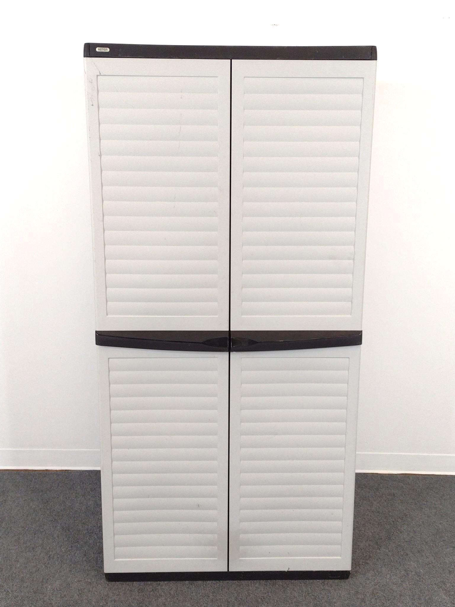 Keter Plastic Storage Cabinet: 34-1/2" wide X 21" deep X 70-3/4" high. Has some scratches.