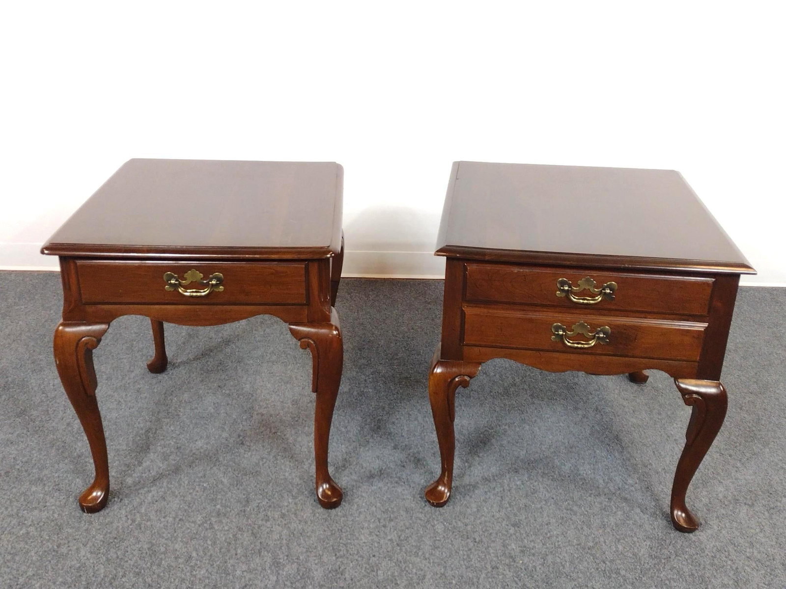 2 End Tables: 21-1/2" to 23" wide X 24" high. Both have some light scratches. No manufactures name found.