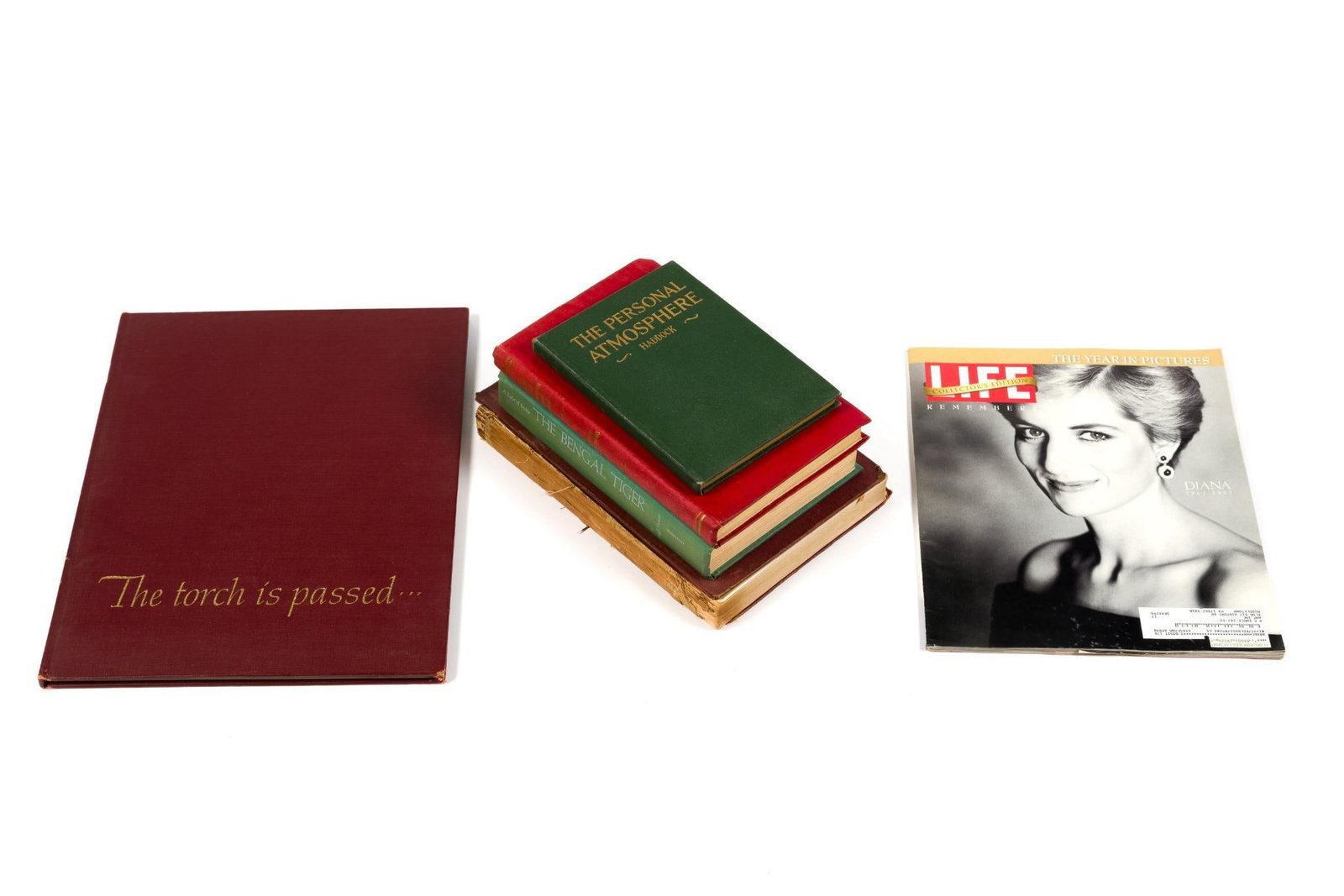 5 Vintage Books & Time Magazine with Princess Diana: Includes "The Torch is Passed," "Scientific American War Book" (which has extensive spine damage), "The Bengal Tiger," "The Personal Atmosphere" and "The History of the Gun Barrel Proof House."
