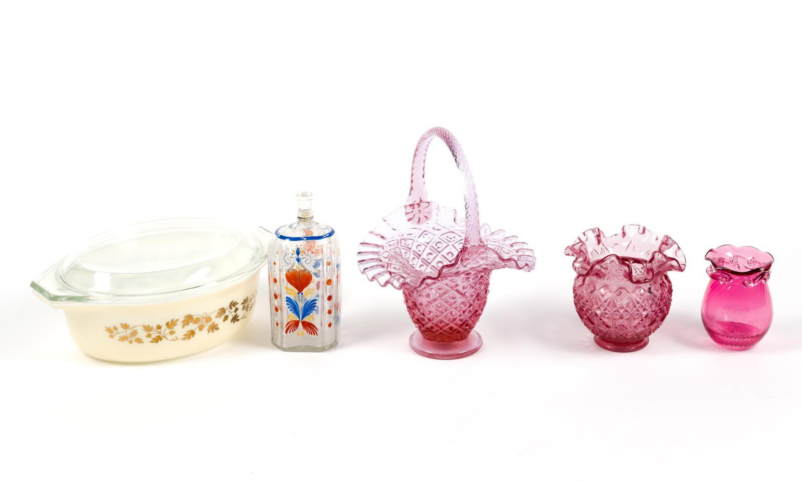 Glass Incl. Fenton and Pyrex: Includes 2 pieces of Fenton Glass. Largest measures 10 - 1/2" x 3 - 3/8" x 6 - 3/4".