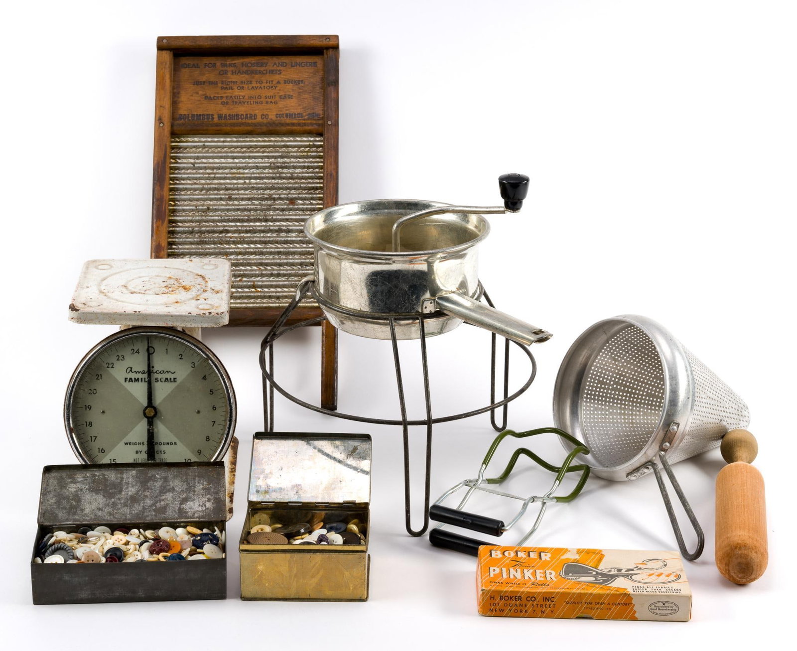 Antique Kitchen & Home: Including two boxes of antique buttons, Columbus Washboard Co. washboard (8 - 1/2" x 18" x 1/2"), strainer and more.