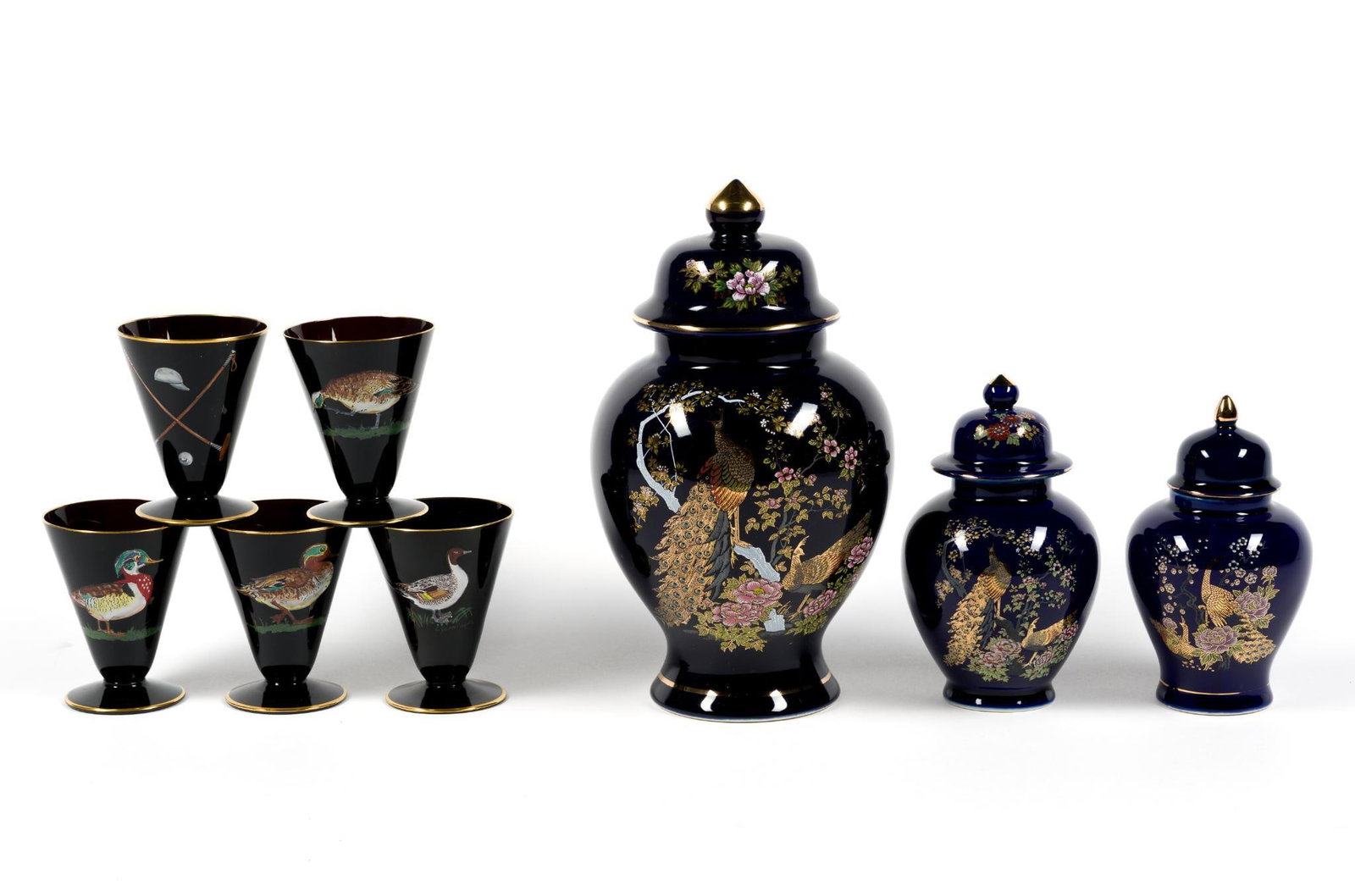 3 Lidded Urns & 5 Mid-Century Duck Glasses: Largest urn measures 5 - 1/4" x 10 - 1/2" x 5 - 1/4".